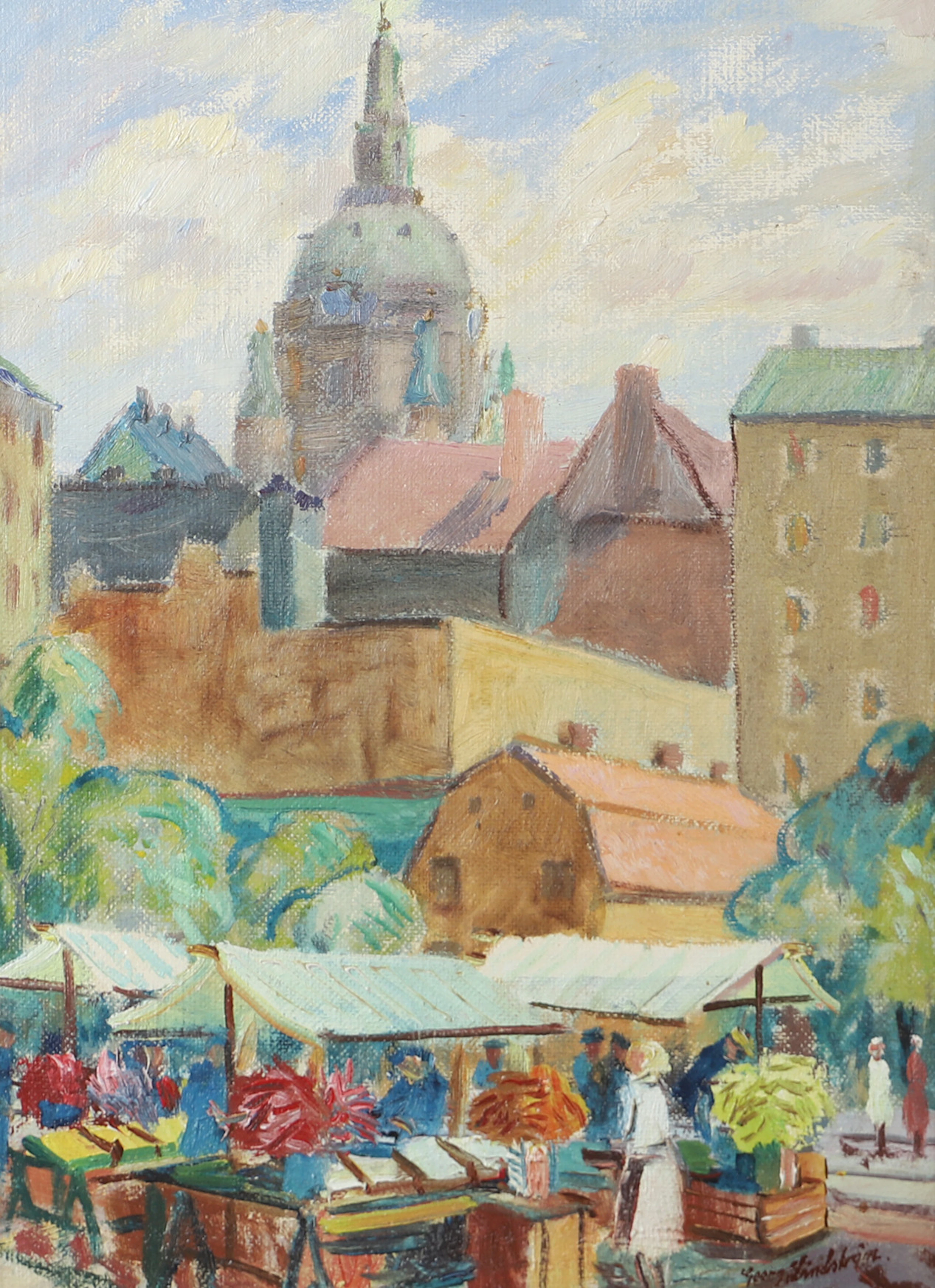 GEORG LINDSTRÖM. Medborgarplatsen, olja på pannå, signerad.