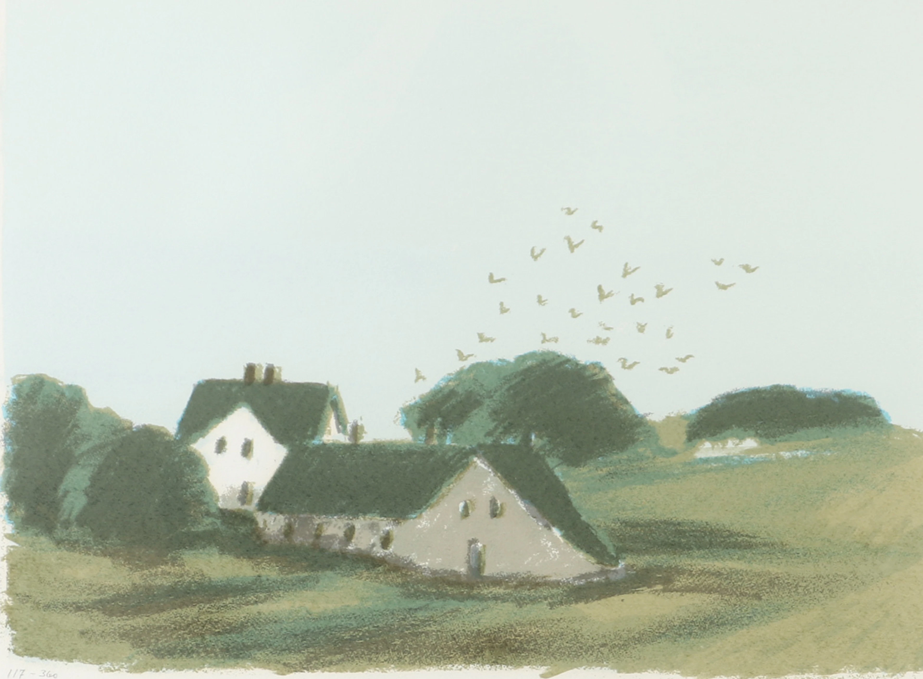 GUSTAV RUDBERG. Landskap med hus, färglitografi, signerad.