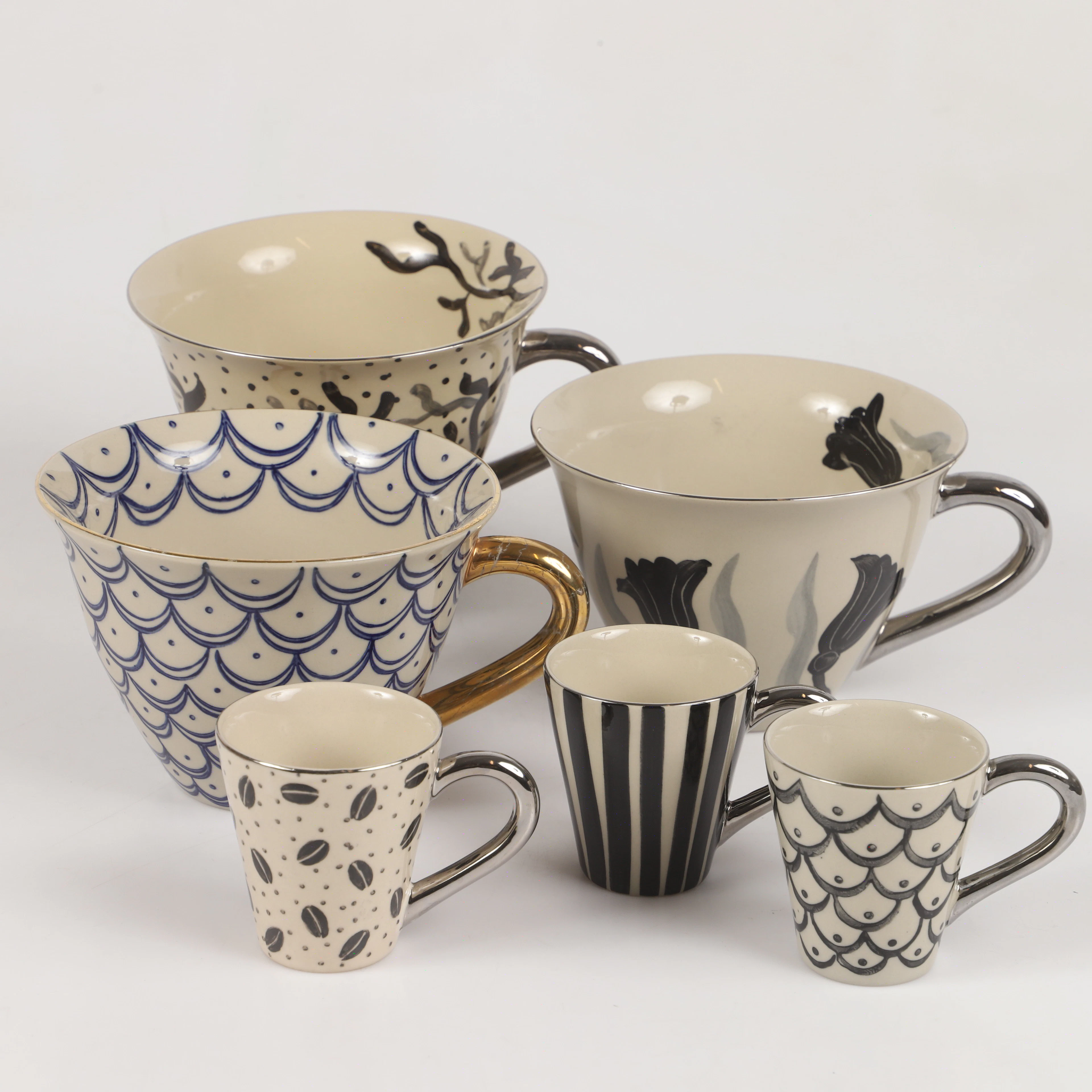 KERSTIN TILLBERG. Muggar/koppar, 3+3 stycken, keramik.