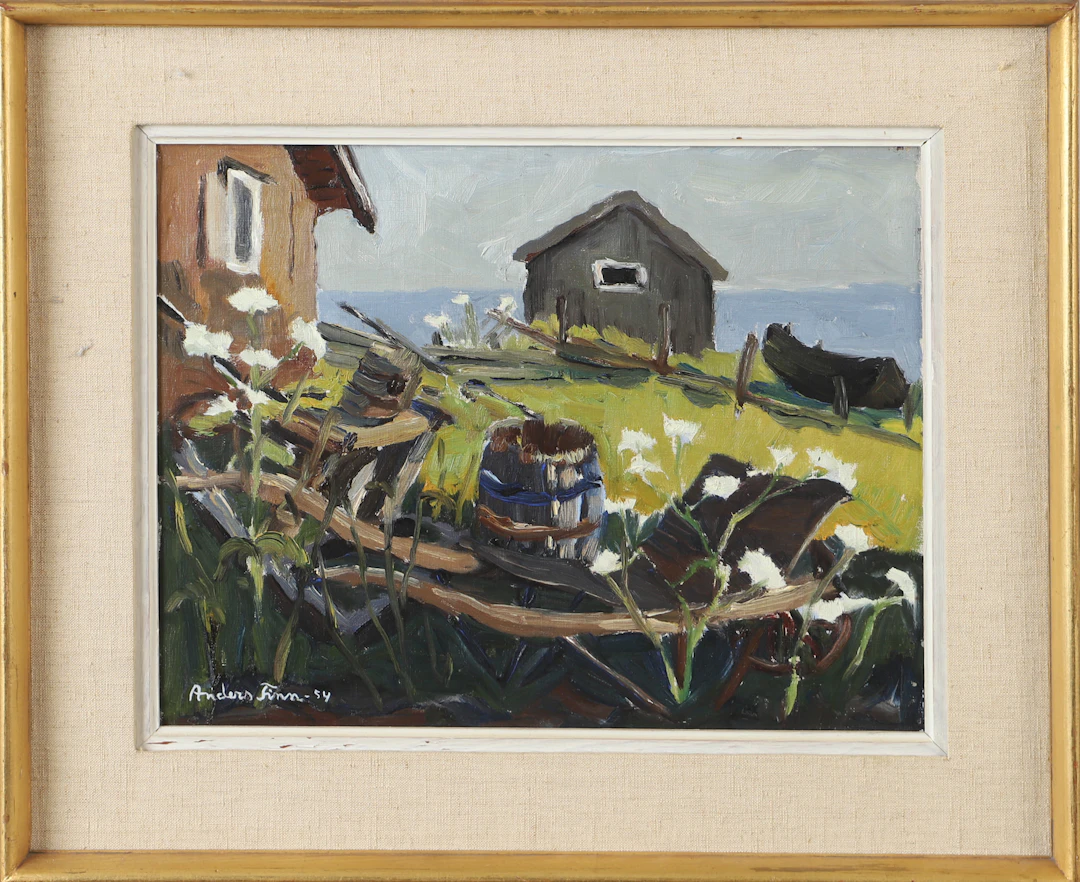 ANDERS FINN. Kustparti med fiskestugor, olja på duk, signerad.