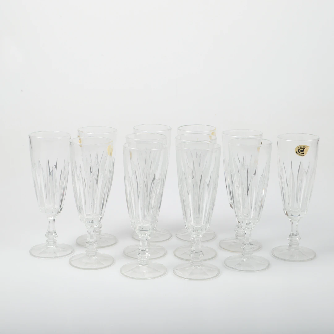 CHAMPAGNEGLAS, 12 stycken, kristall, Italien.