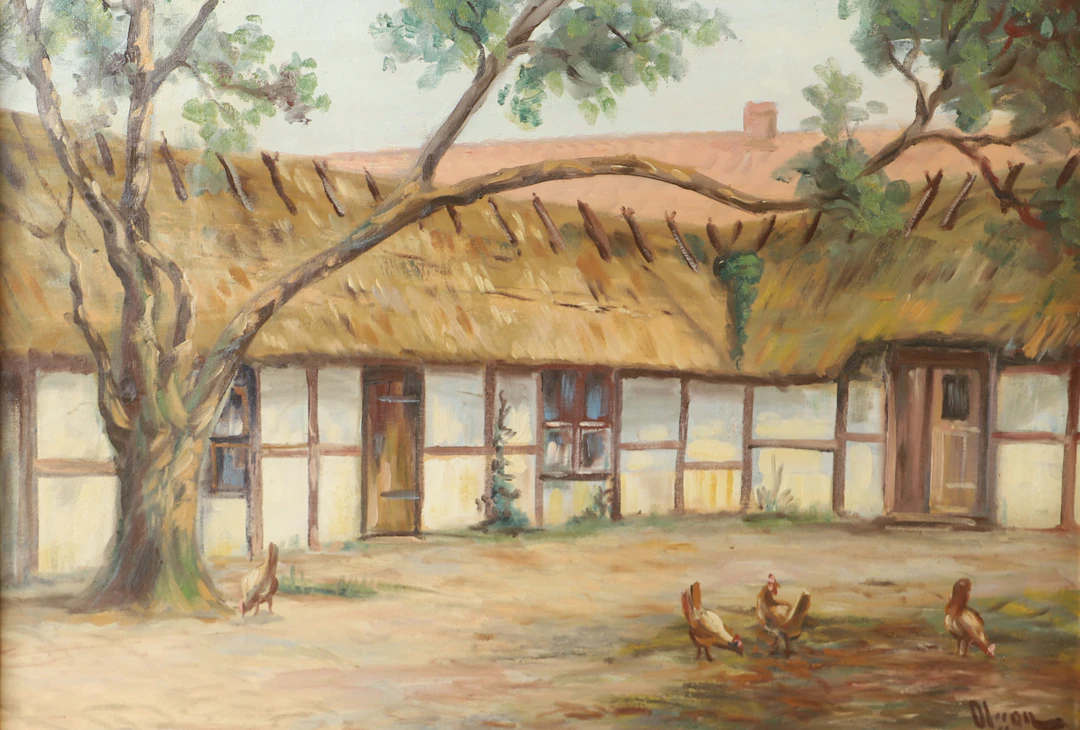 GOTTFRID OLSSON. Korsvirkesgård med höns, olja på duk, signerad Olsson.