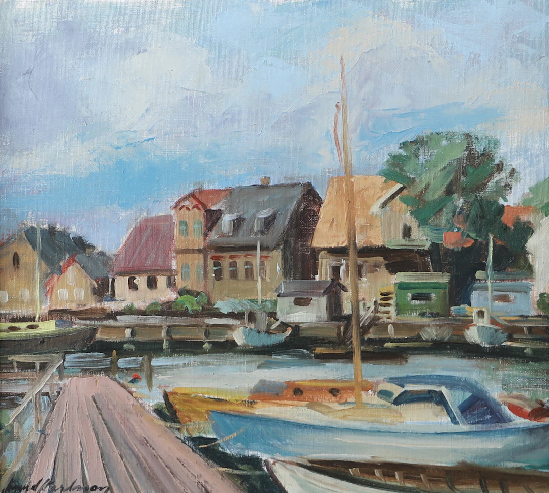 ARVID KARLSSON. Hamnmotiv, olja på duk, signerad.