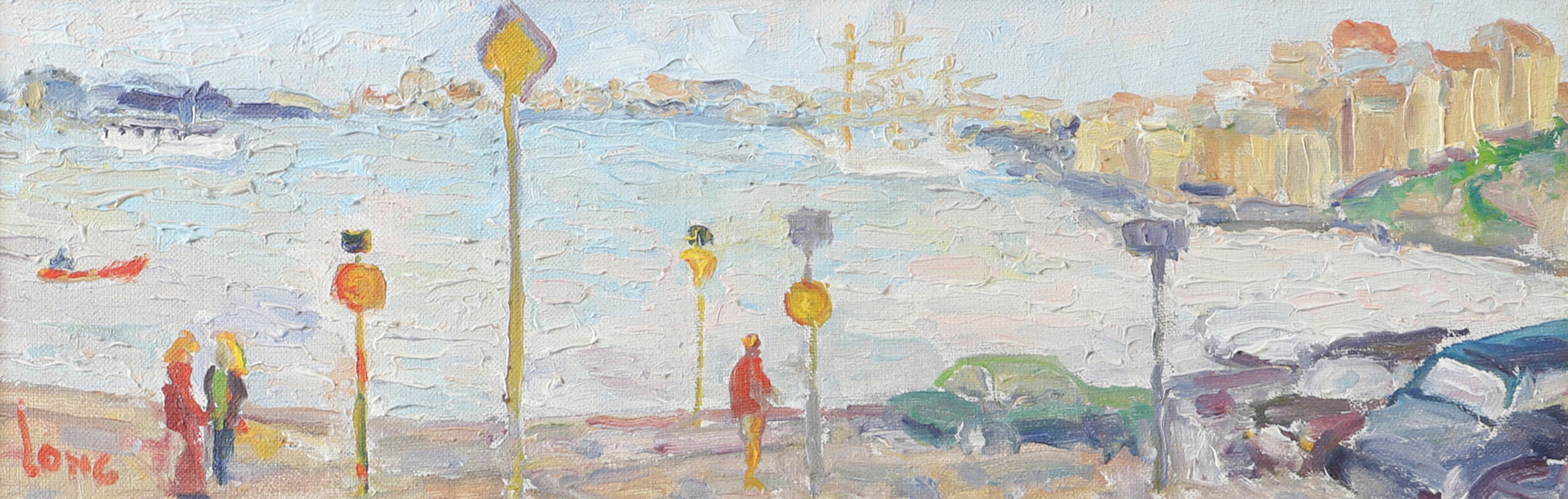 GÖTE LONG. Stadsbild med vatten och båtar, olja på duk, signerad Long.