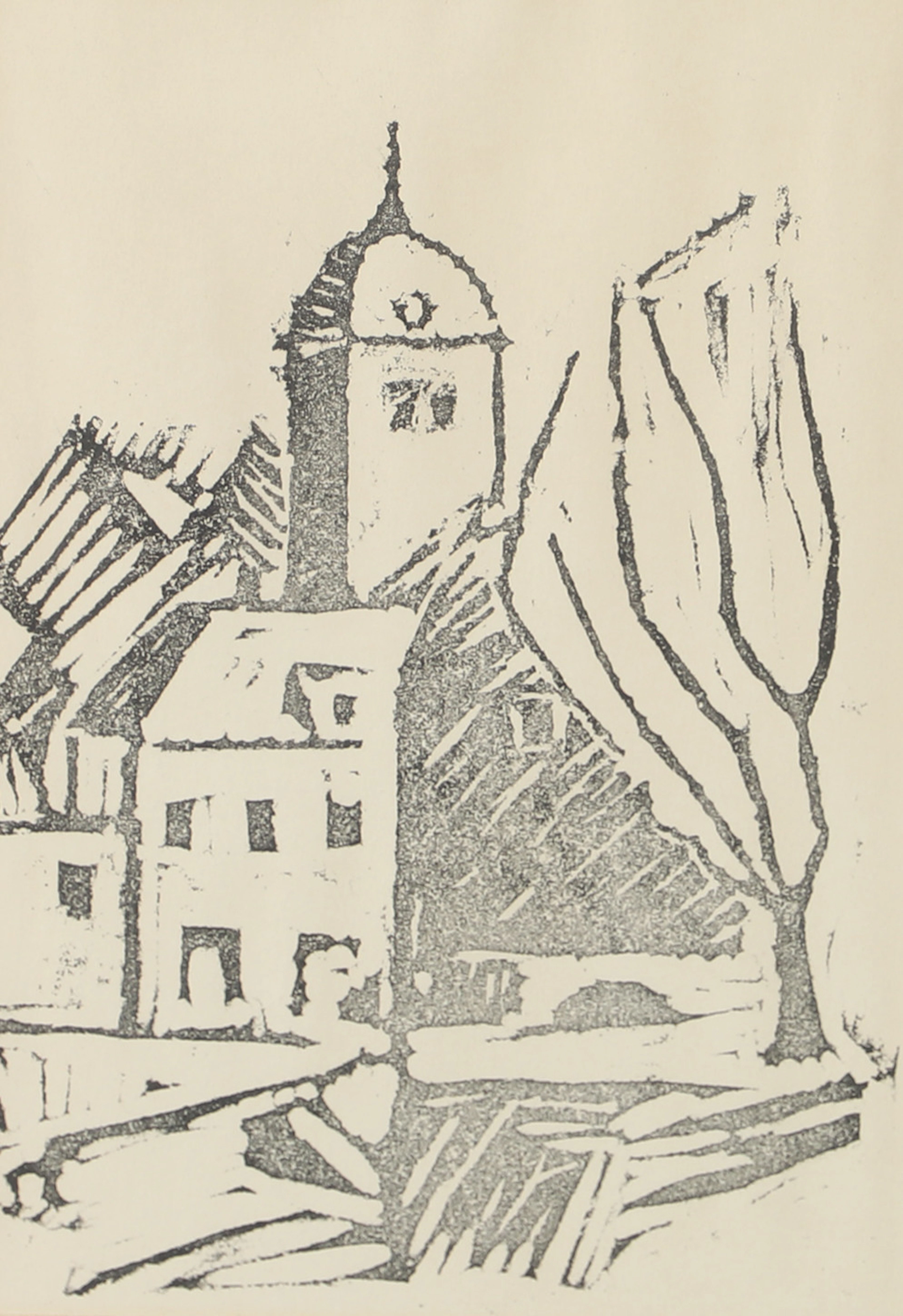 OIDENTIFIERAD KONSTNÄR. Landskap med kyrka, träsnitt, otydligt signerad.