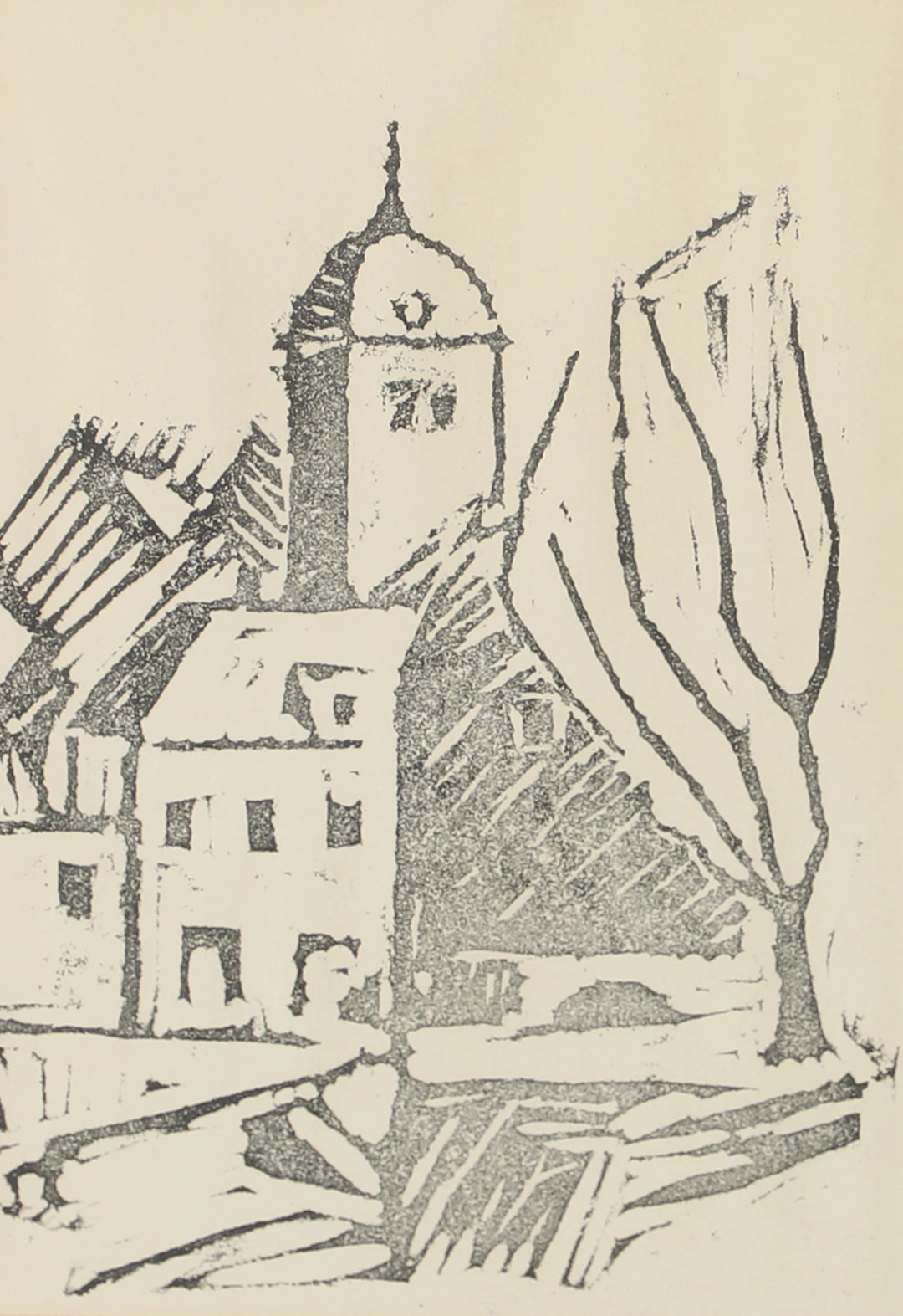 OIDENTIFIERAD KONSTNÄR. Landskap med kyrka, träsnitt, otydligt signerad.