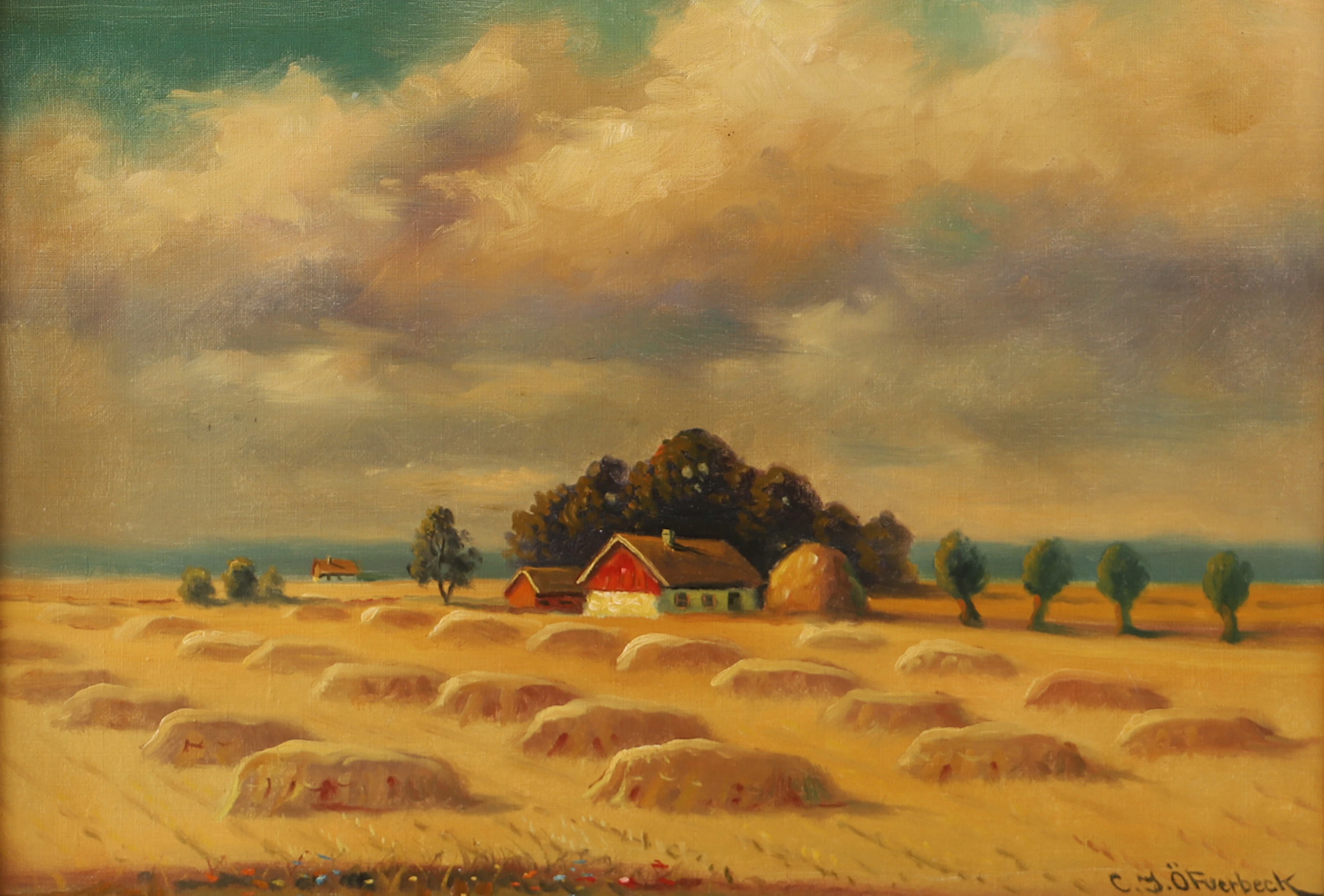 CARL-IVAR ÖFVERBÄCK. Skånskt landskap med gård, olja på duk, signerad
