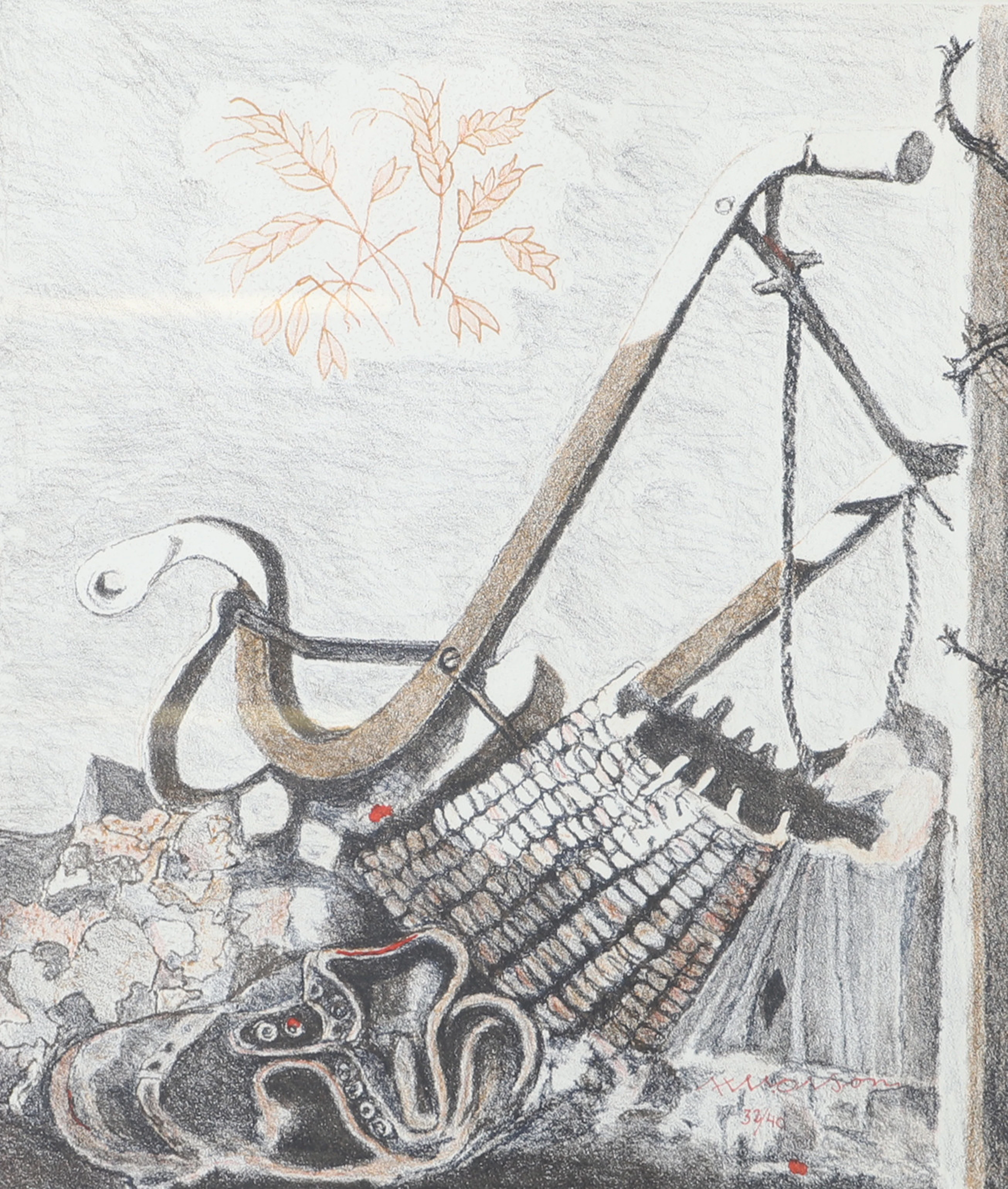 AXEL OLSON. "Den sista plogen", färglitografi, signerad.