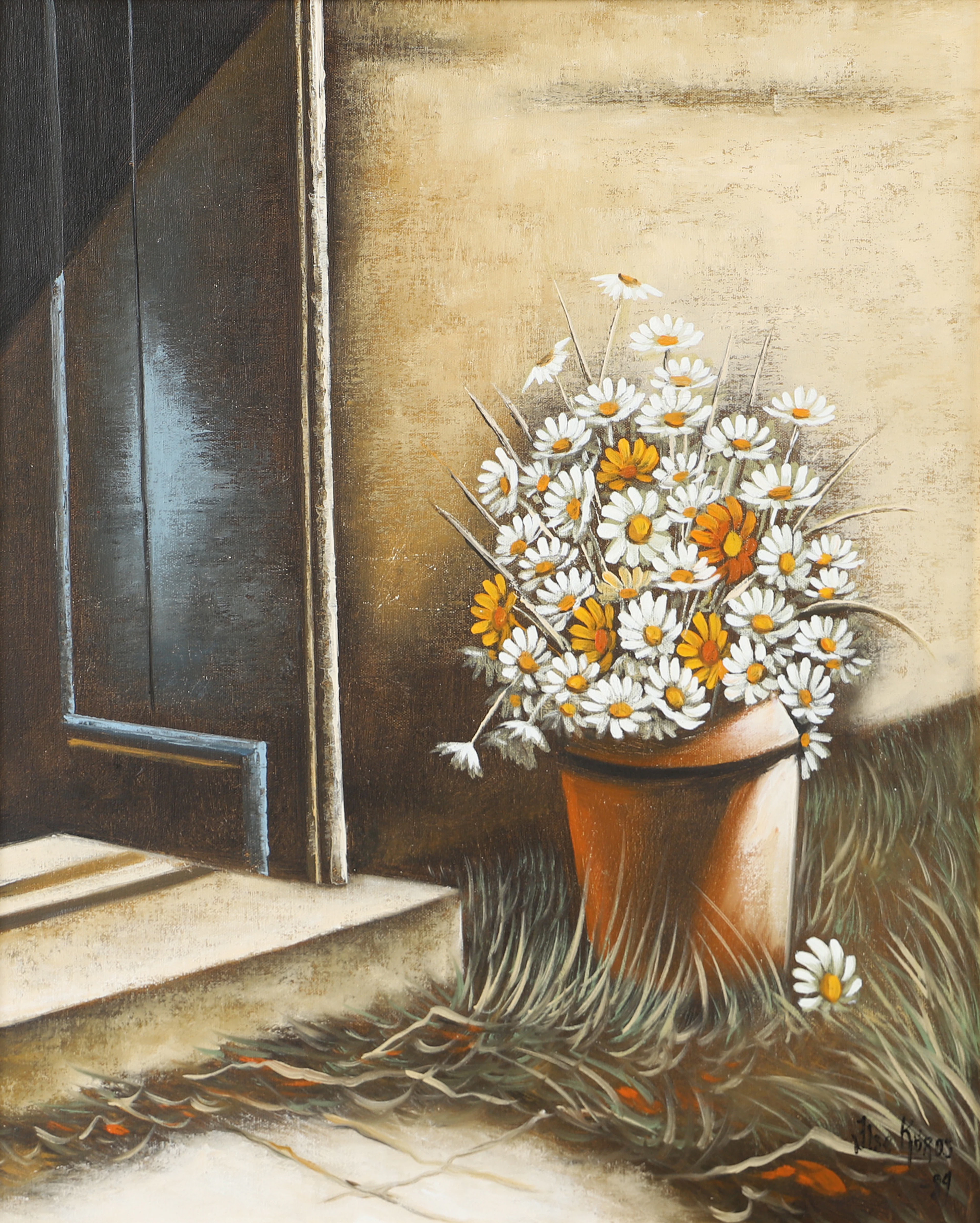 ILSE KÖROS. "Blomsterstilleben med markblommor", olja på duk, signerad -89.