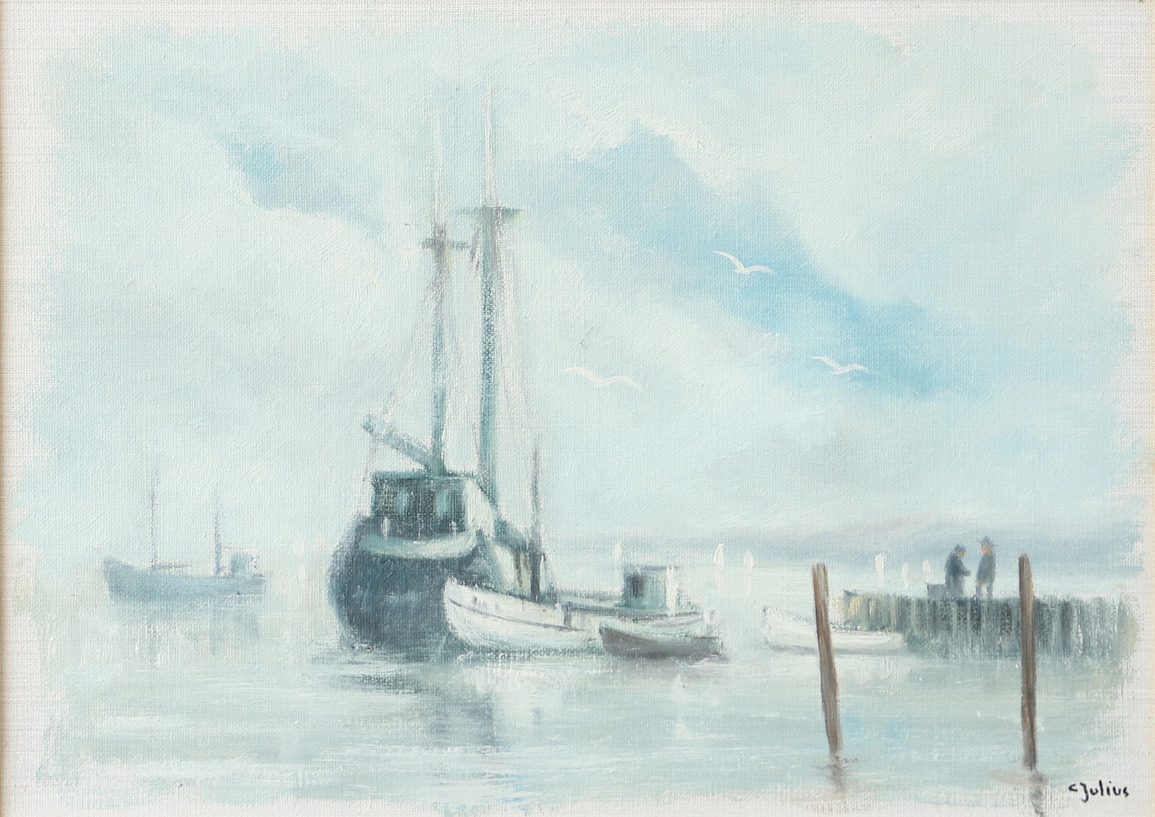 CARL JULIUS. Hamn med båtar, olja på duk, signerad C. Julius.
