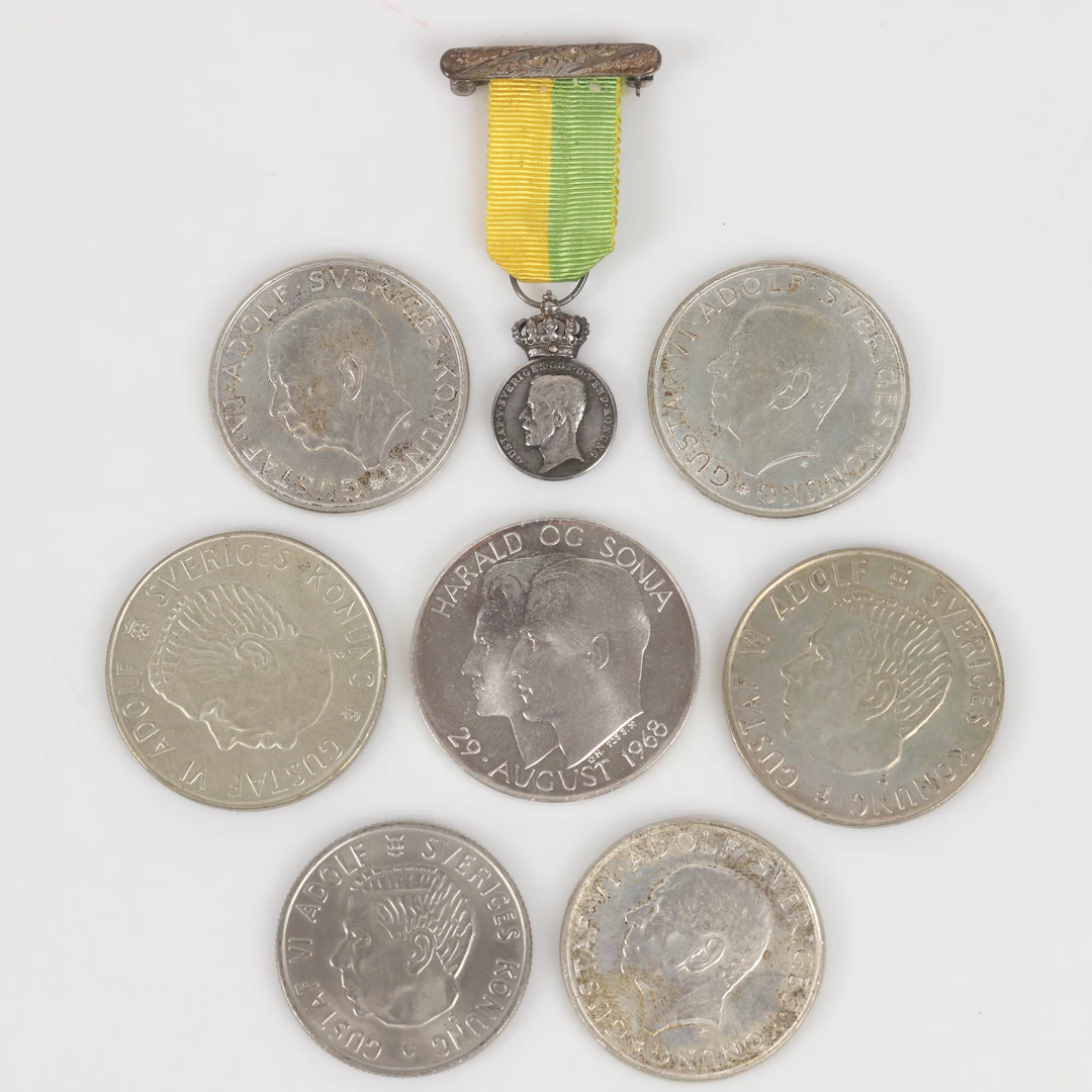 MYNT OCH MEDALJ, 8 delar, Sverige och Norge, 1900-tal.