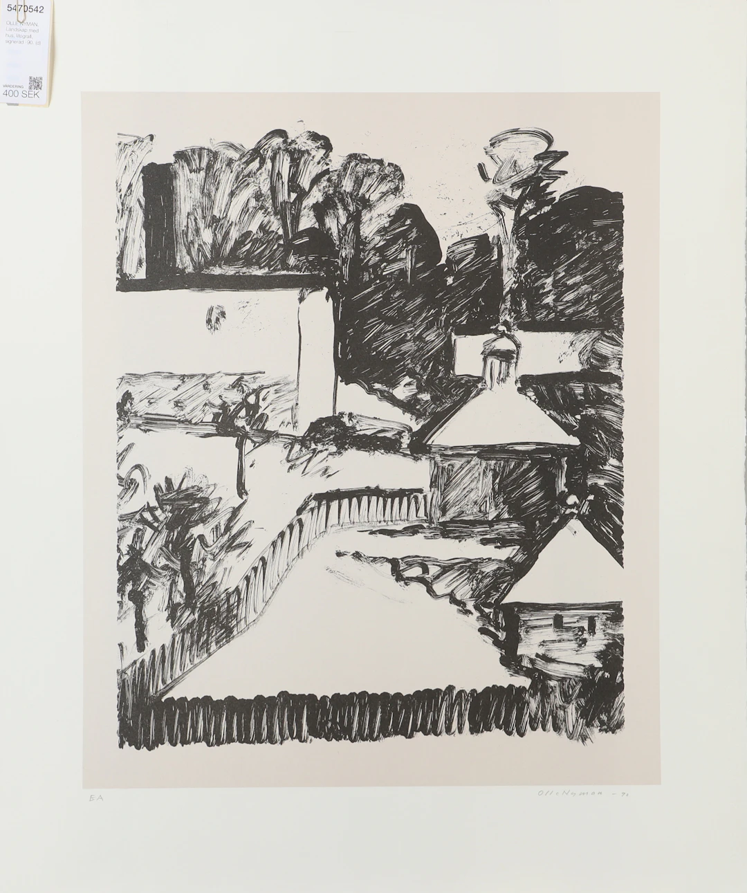 OLLE NYMAN. Landskap med hus, litografi, signerad -90.
