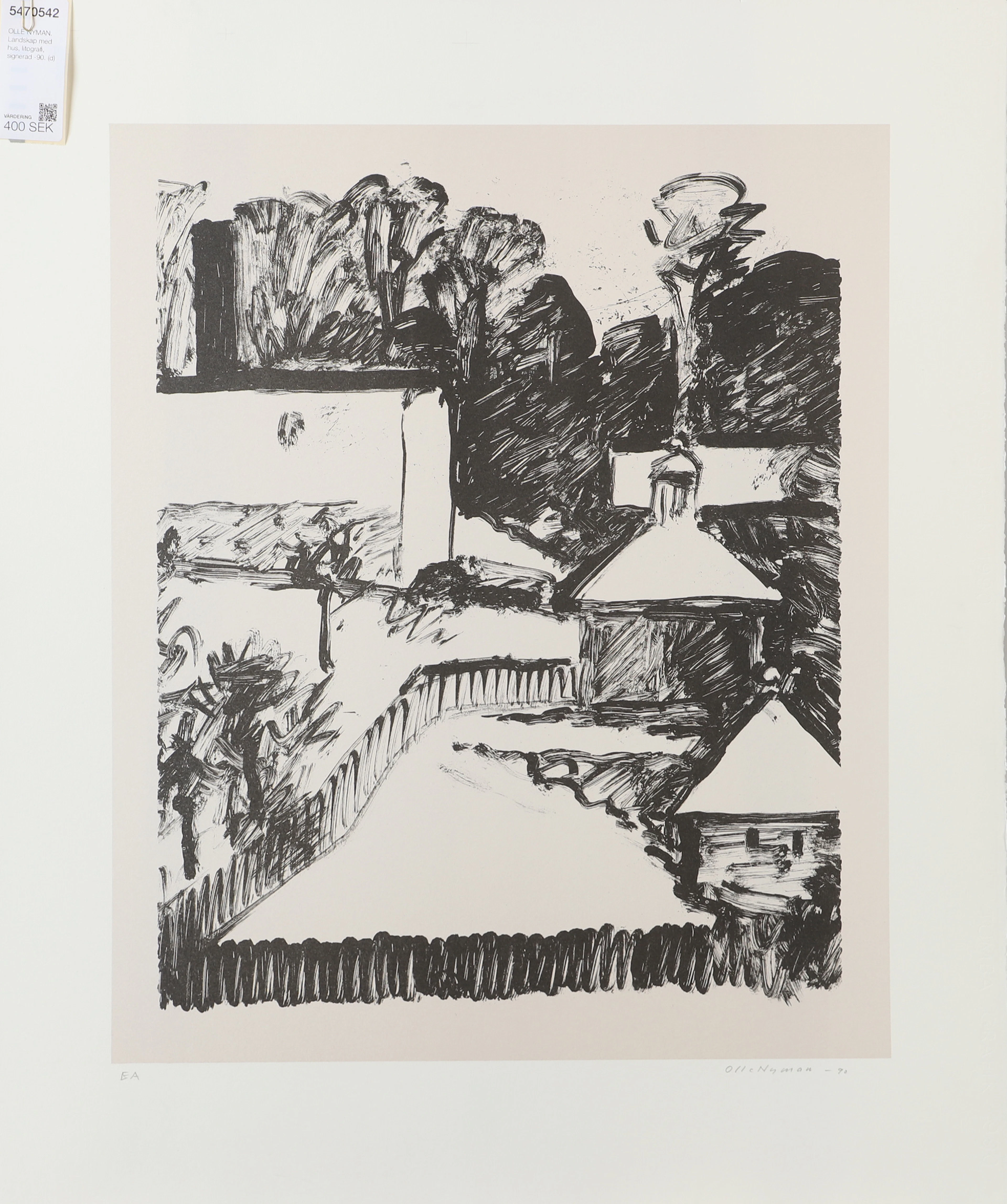 OLLE NYMAN. Landskap med hus, litografi, signerad -90.