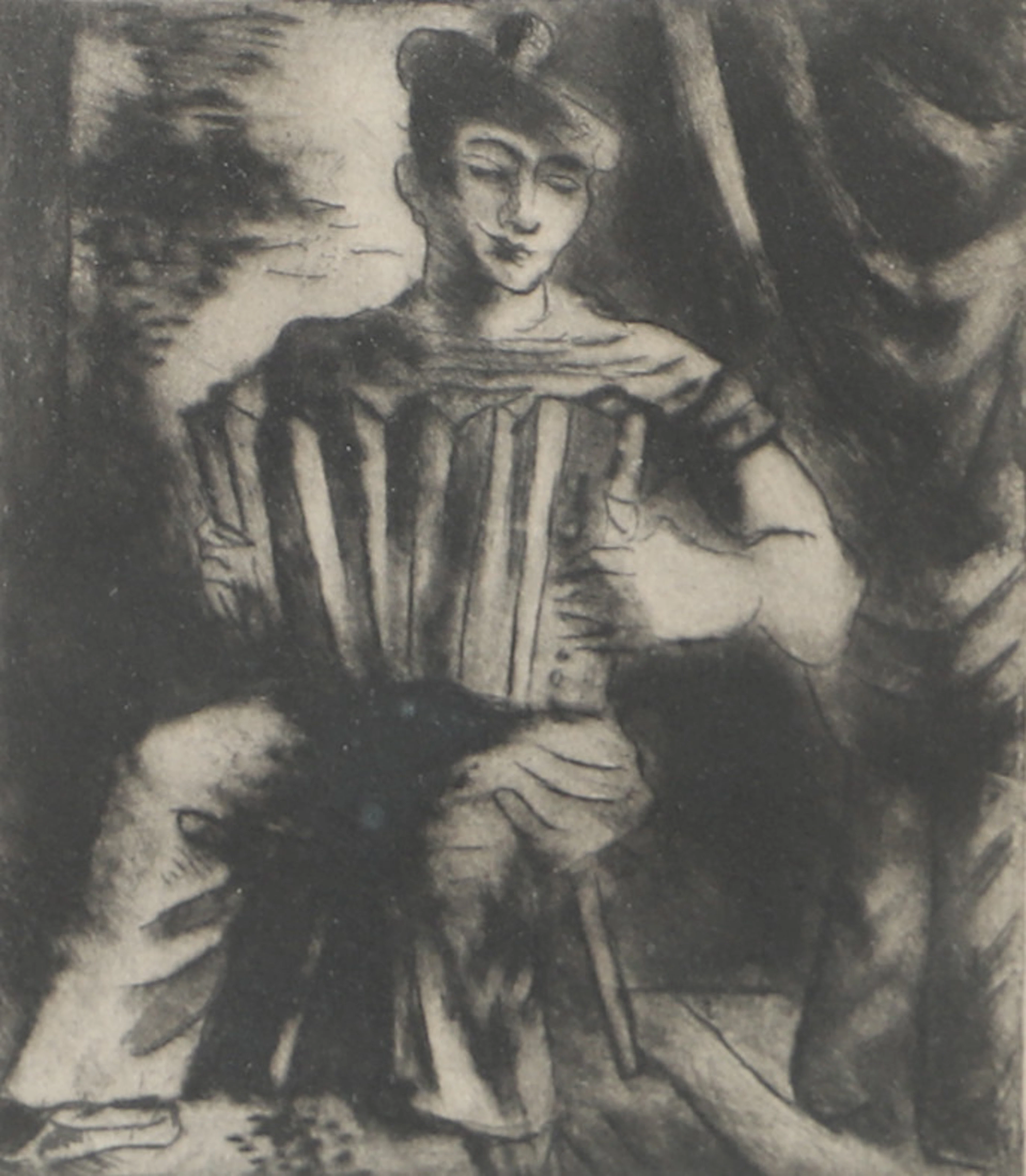 JULES SCHYL. Dragspelande man, etsning, signerad J. Schyl.