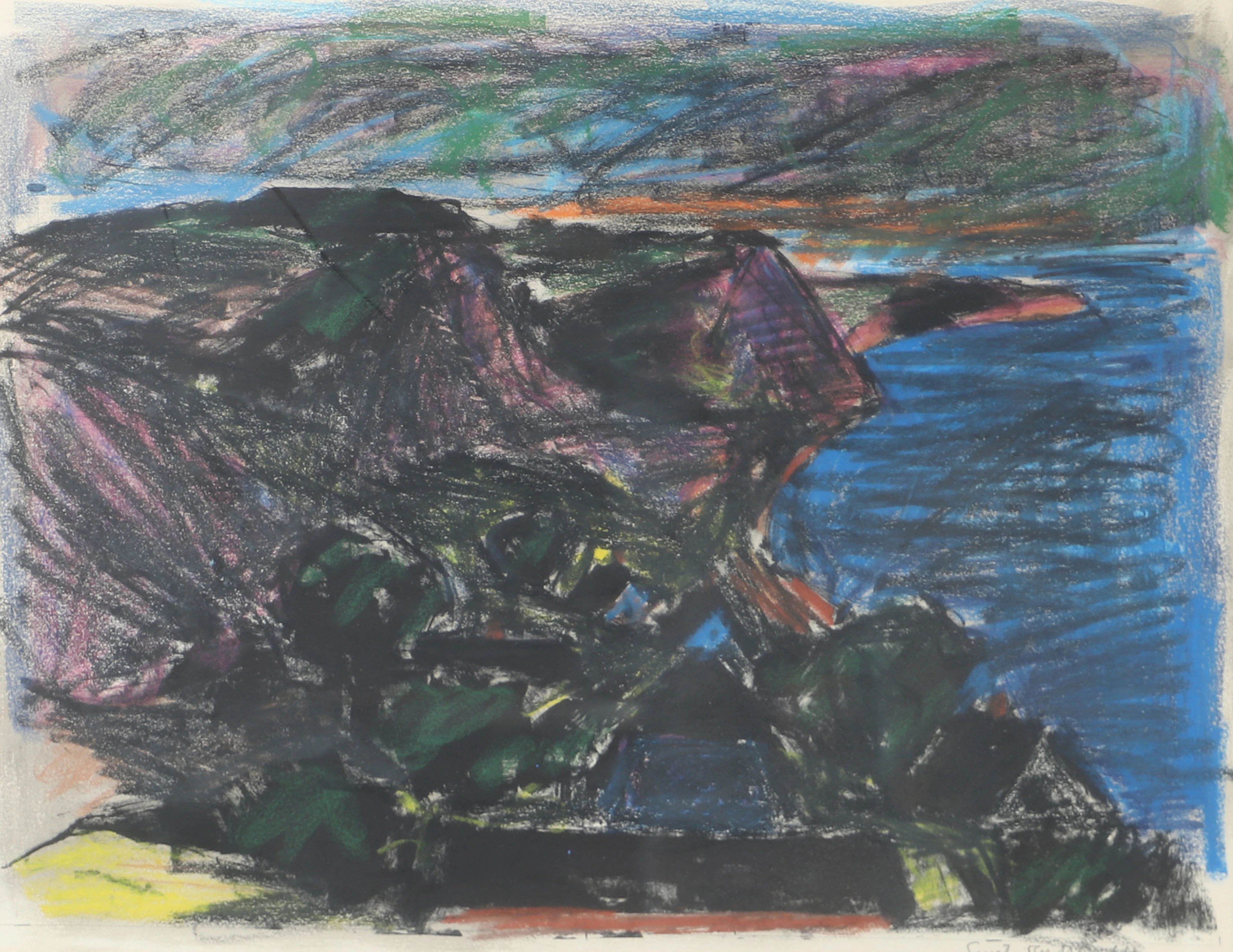 GUSTAV RUDBERG. Kustparti, krita, signerad med dedikation på baksidan.