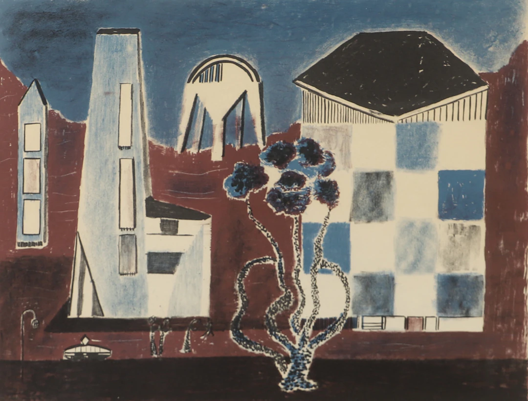 PAUL HOLSBY. "Stad i vitt", färglitografi, signerad -59.