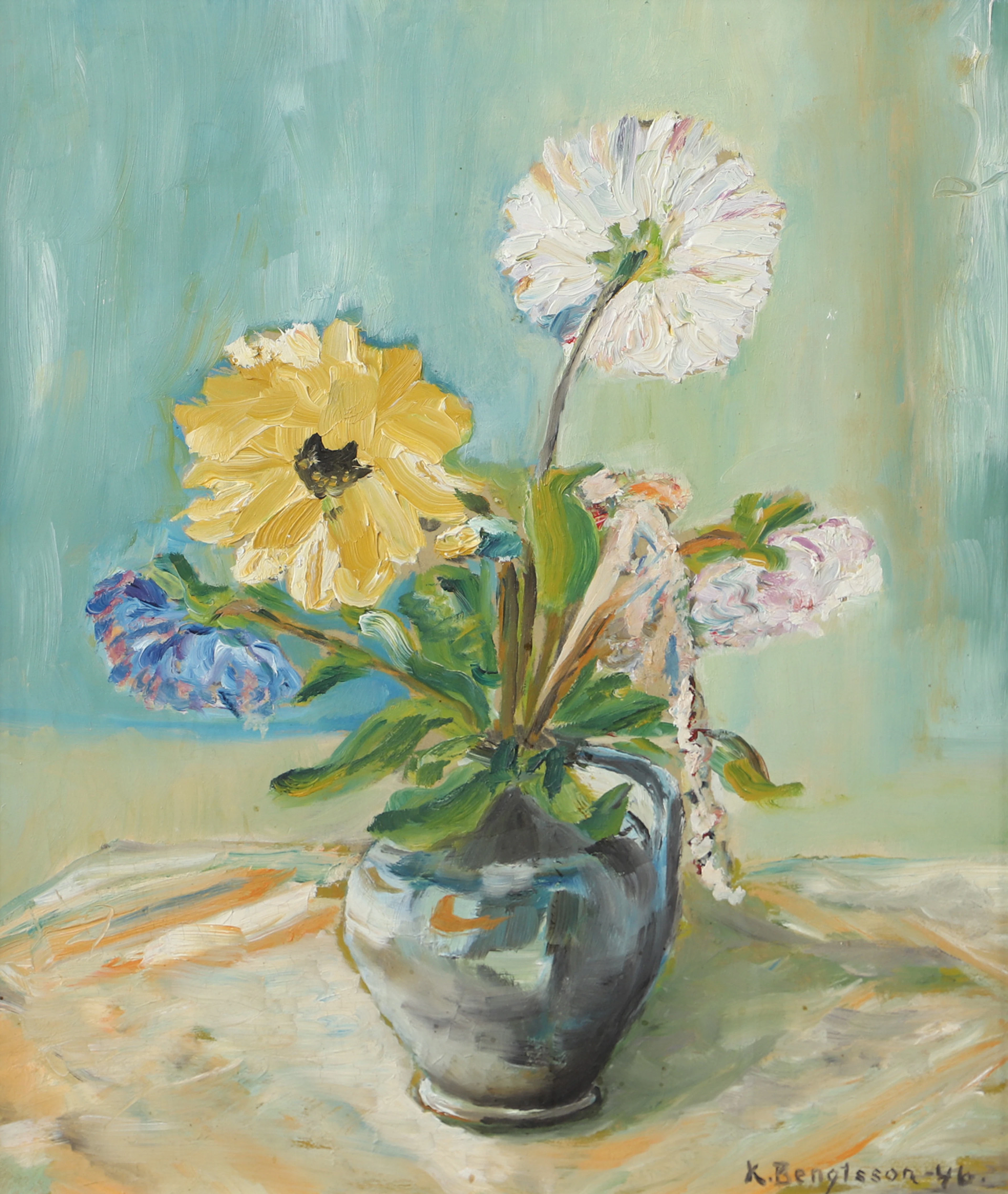 OIDENTIFIERAD KONSTNÄR. Blomsterstilleben, olja på pannå, signerad