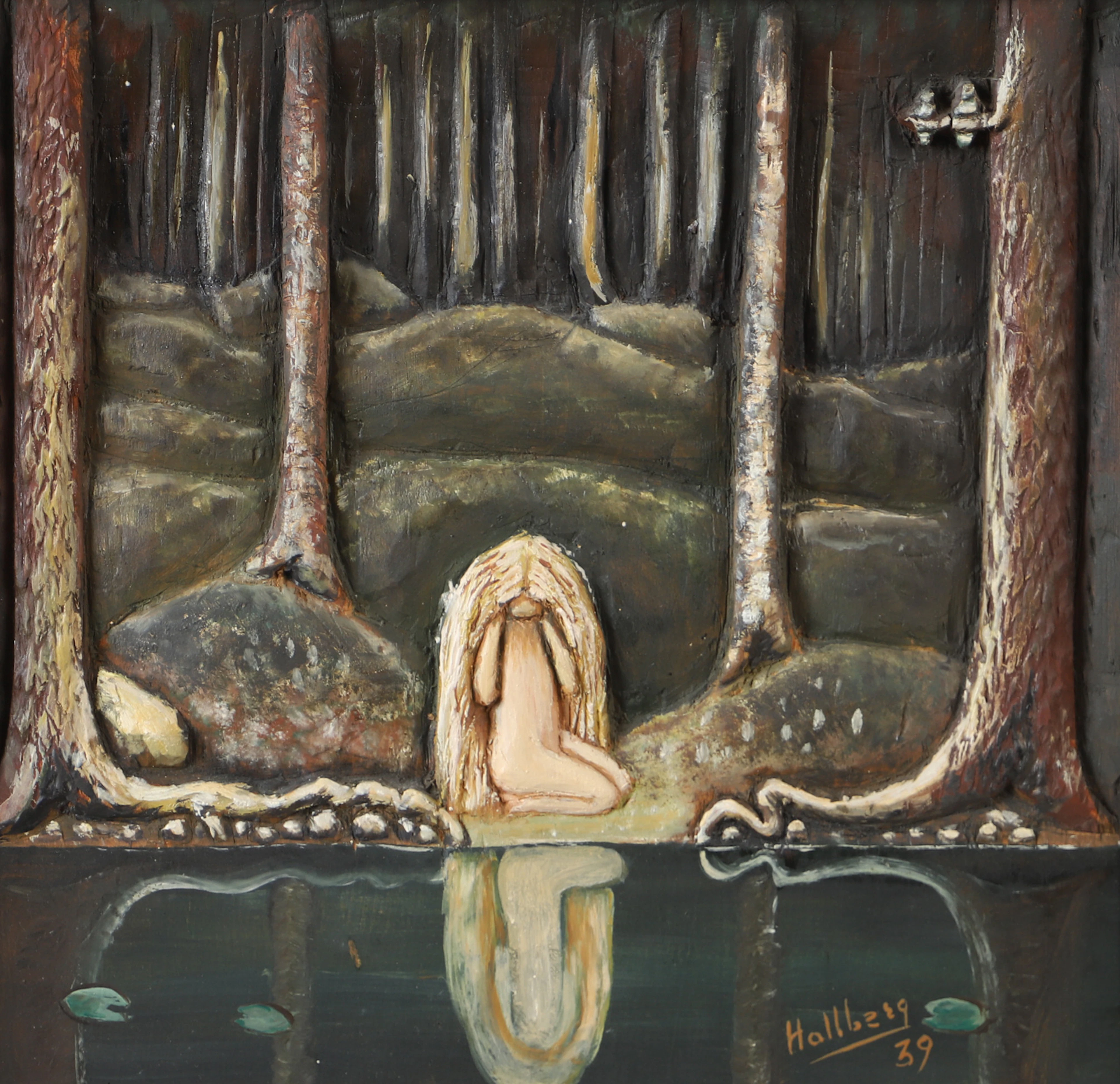 KARL LEVIN HOLLBERG. Motiv efter John Bauer, trärelief, bemålad, signerad