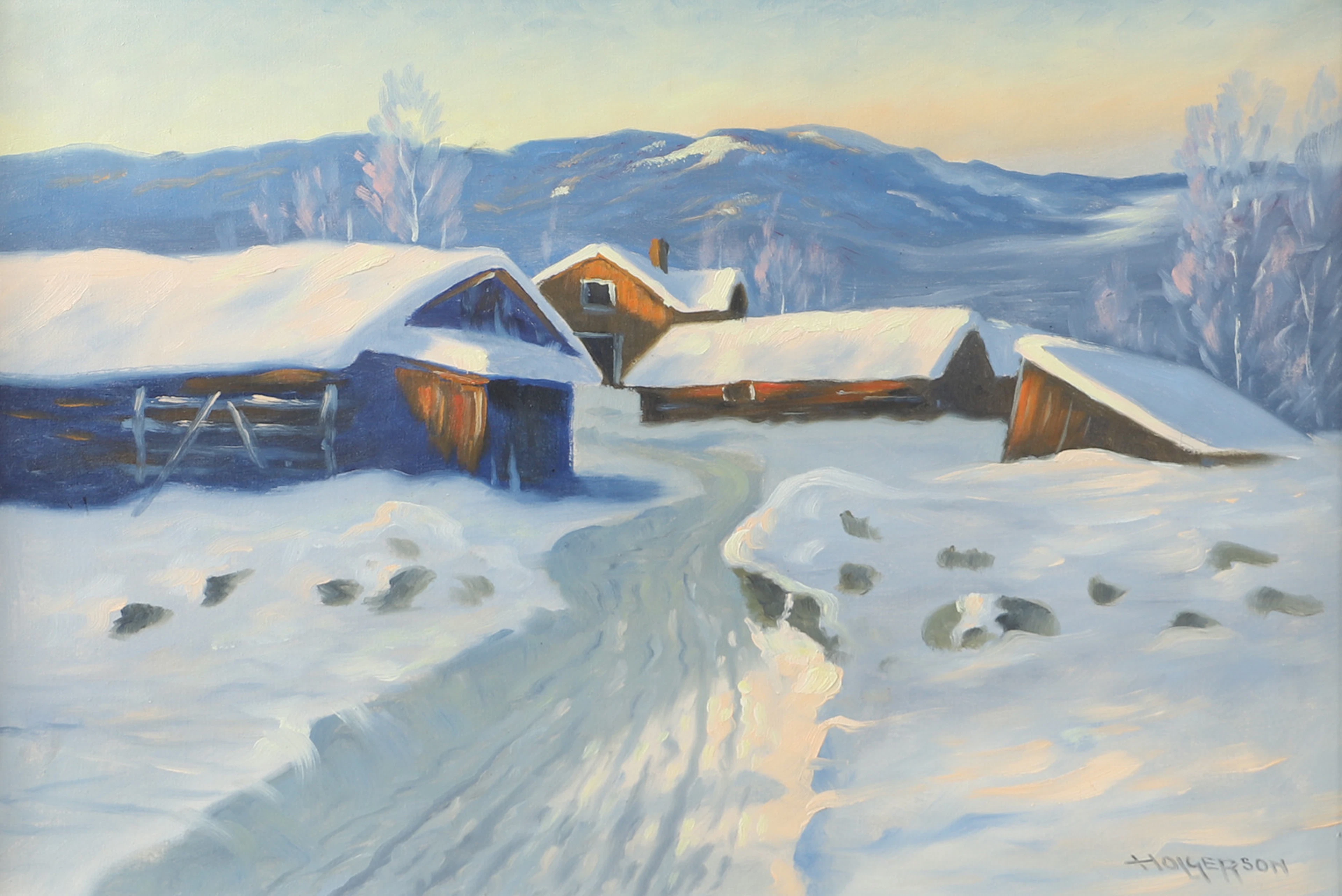 OIDENTIFIERAD KONSTNÄR. Vinterlandskap med hus, olja på duk, signerad