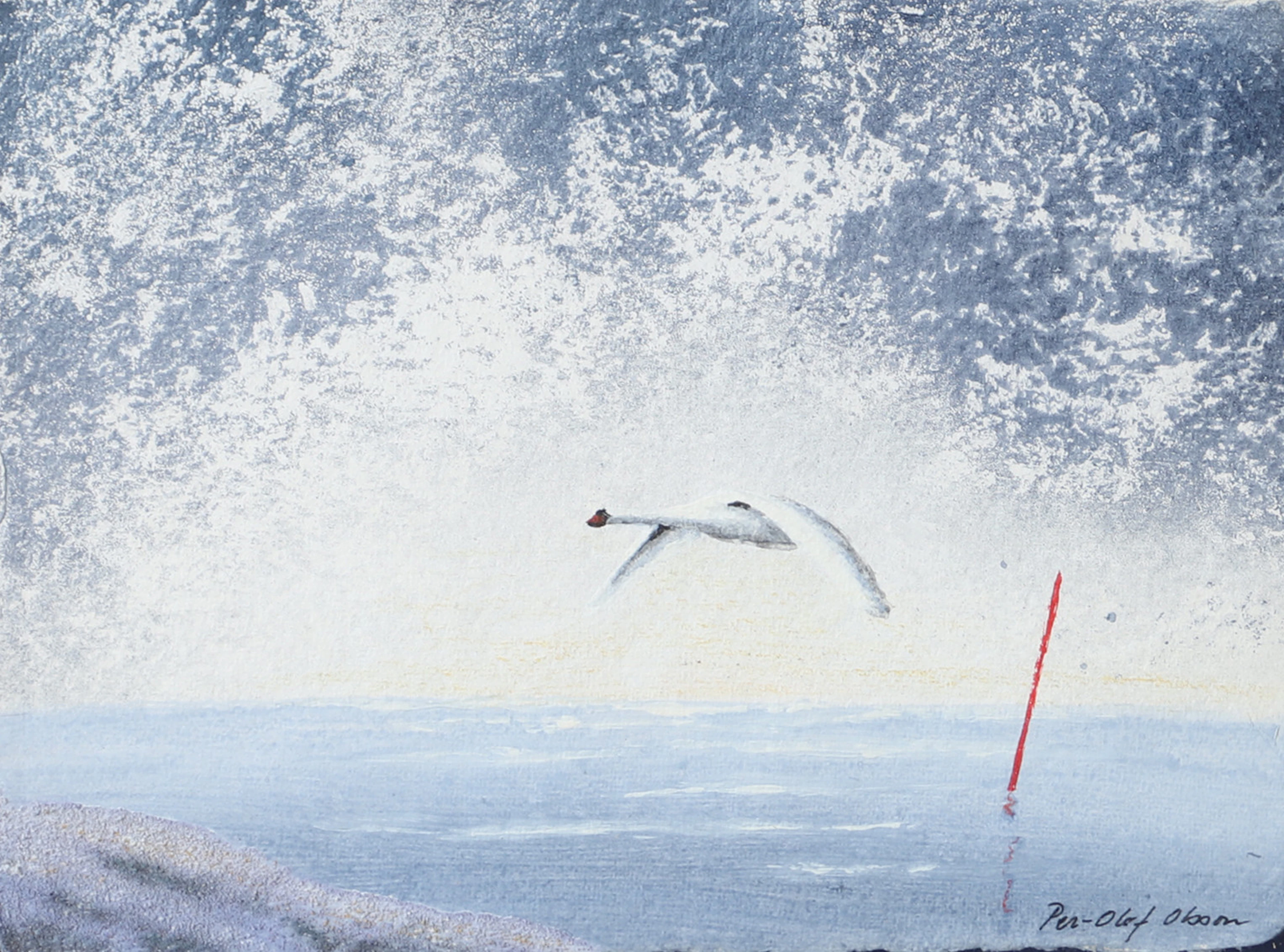 PER-OLOF OLSSON. Flygande svan, blandteknik, signerad.