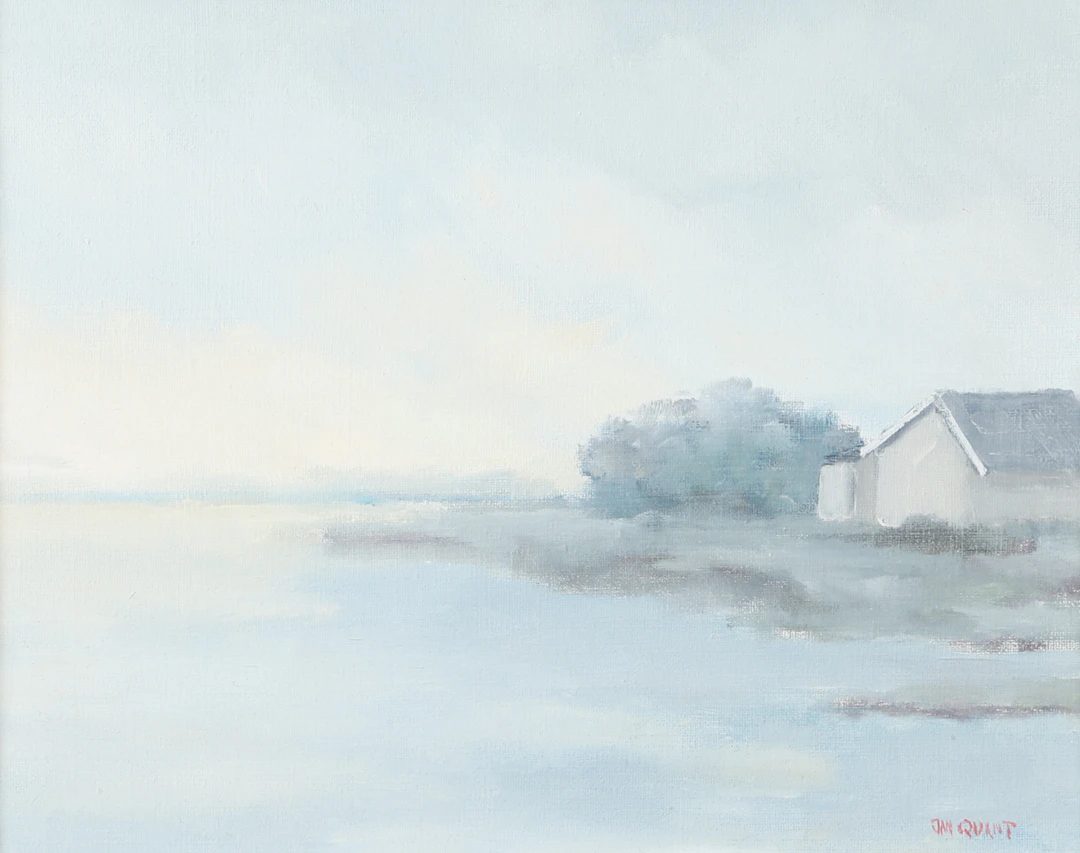 JAN QUANT. Sjölandskap med hus, olja på duk, signerad.