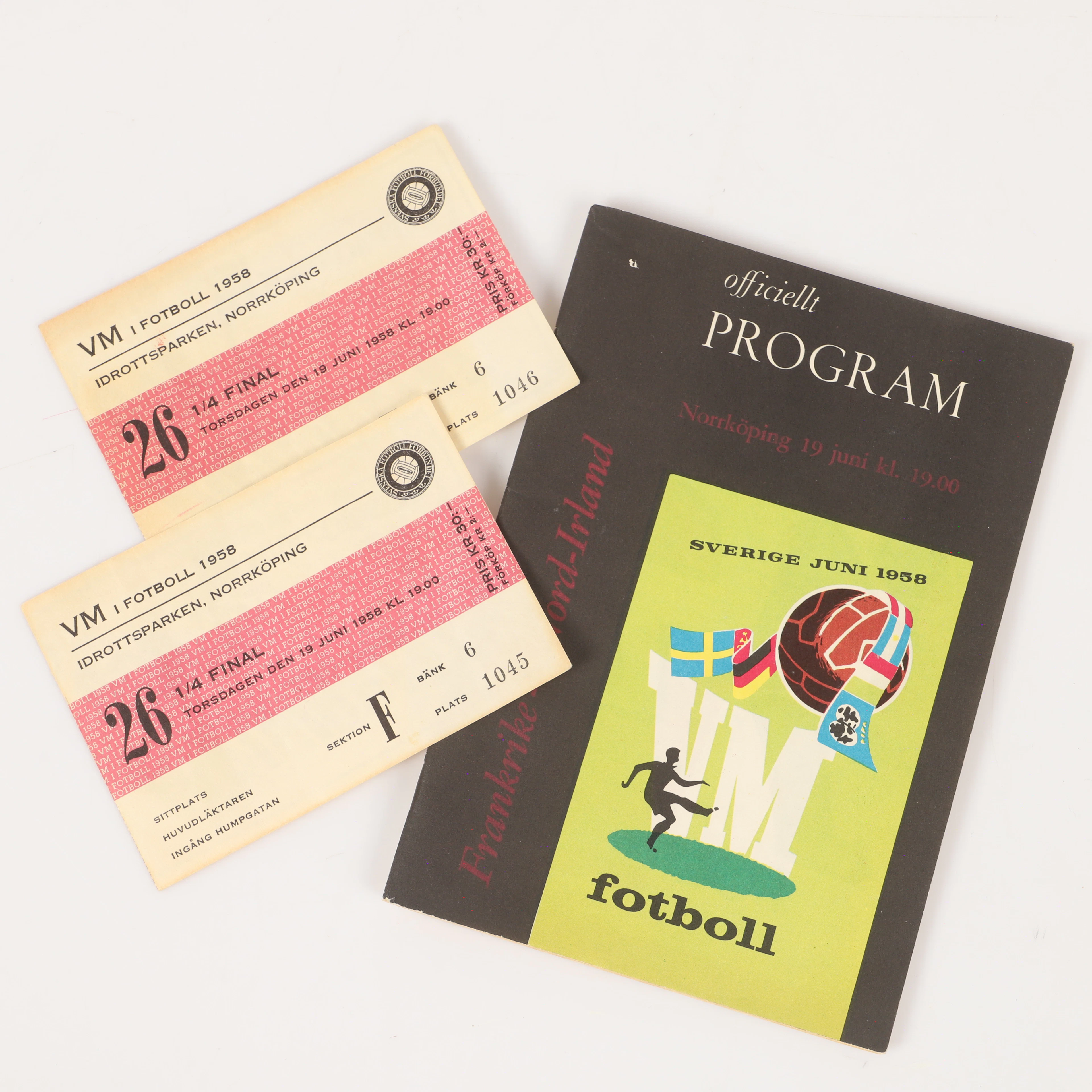 PROGRAM OCH BILJETTER, 3 stycken, VM i fotboll, 1958.