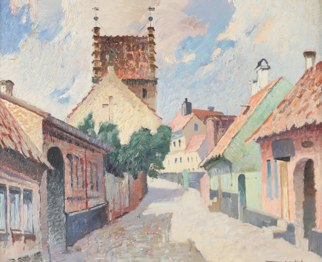 OIDENTIFIERAD KONSTNÄR. Gatubild med kyrka, olja på pannå, otydligt signerad.