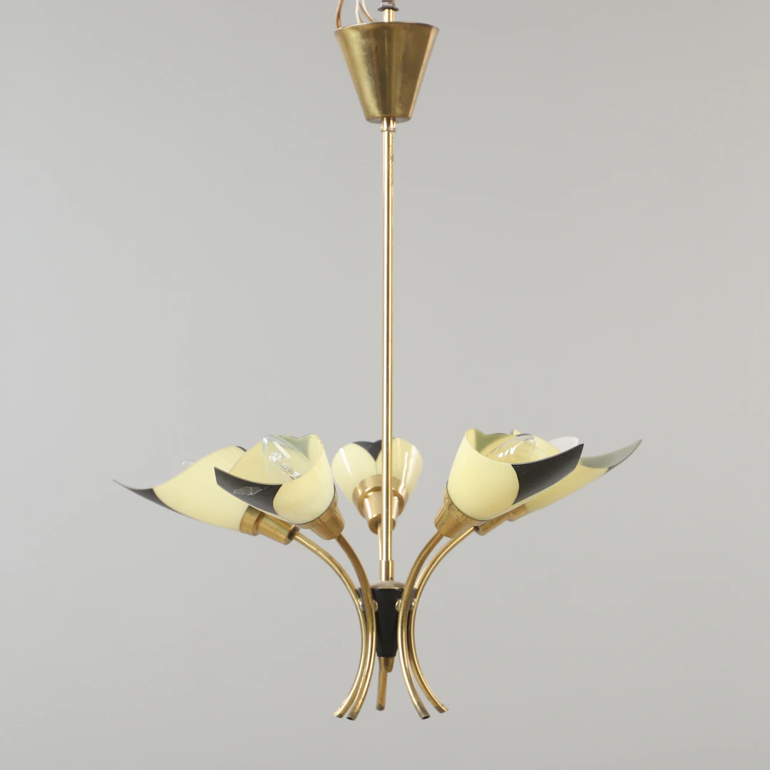 TAKLAMPA, mässing och glas, 1900-talets mitt.