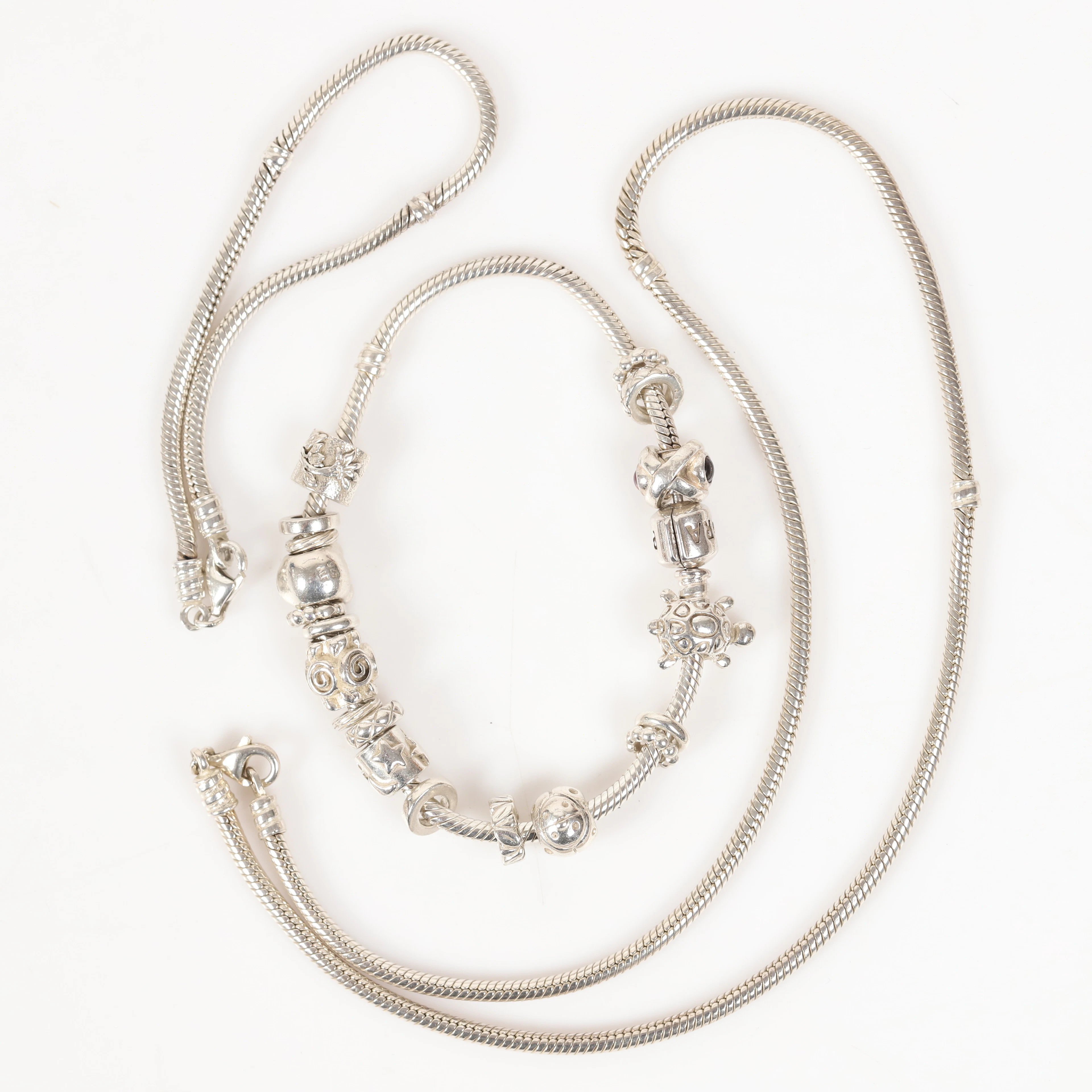 PANDORA. Collier och armband, 3 delar, sterlingsilver.