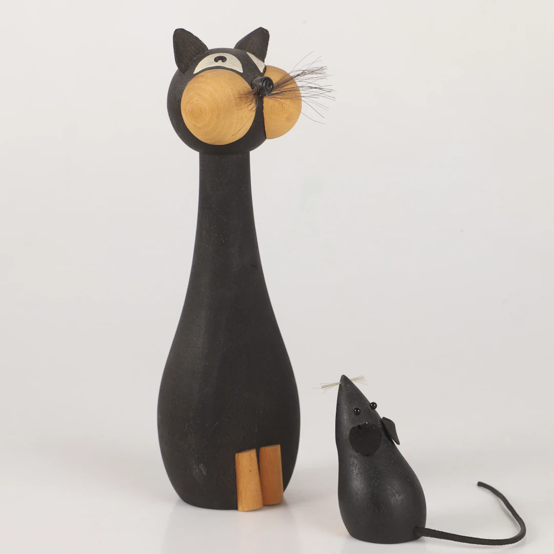 FIGURINER, 2 katt samt mus, målat trä, Laurids Lønborg, Danmark, 1960-tal.