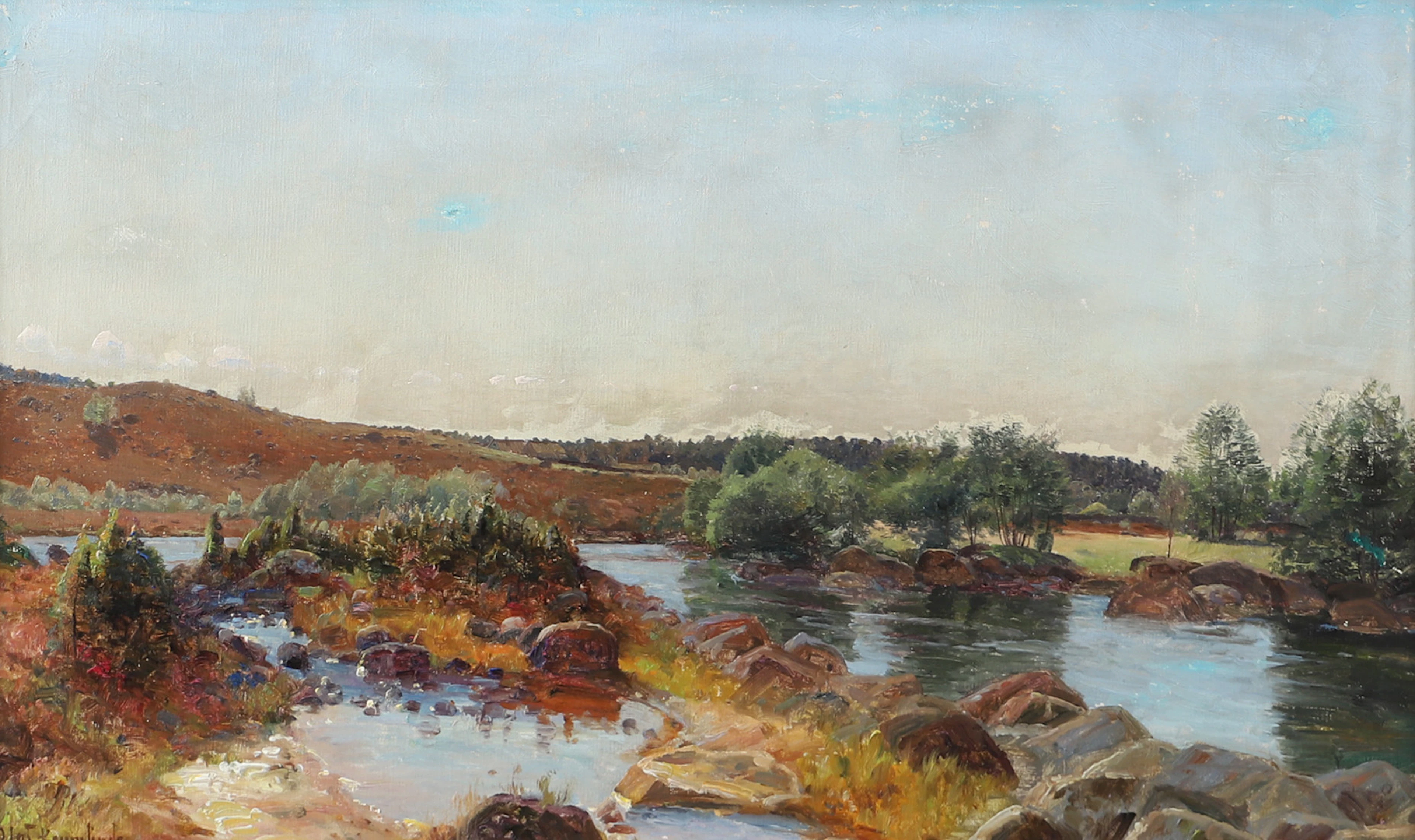 OLOF KRUMLINDE. Landskap med vatten, olja på duk, signerad.