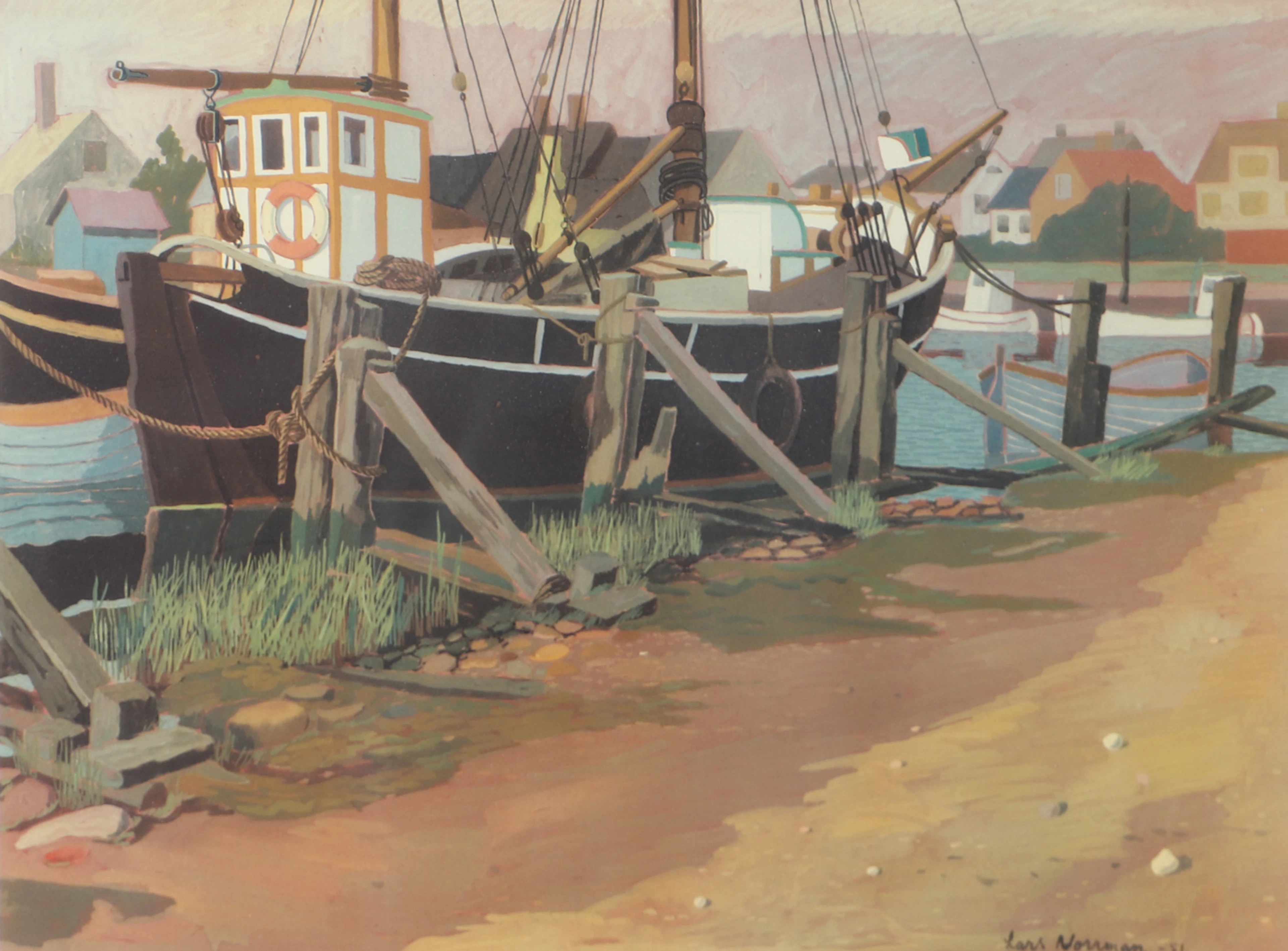 LARS NORRMAN. Hamn med fiskebåt, grafiskt blad, signerad -51.