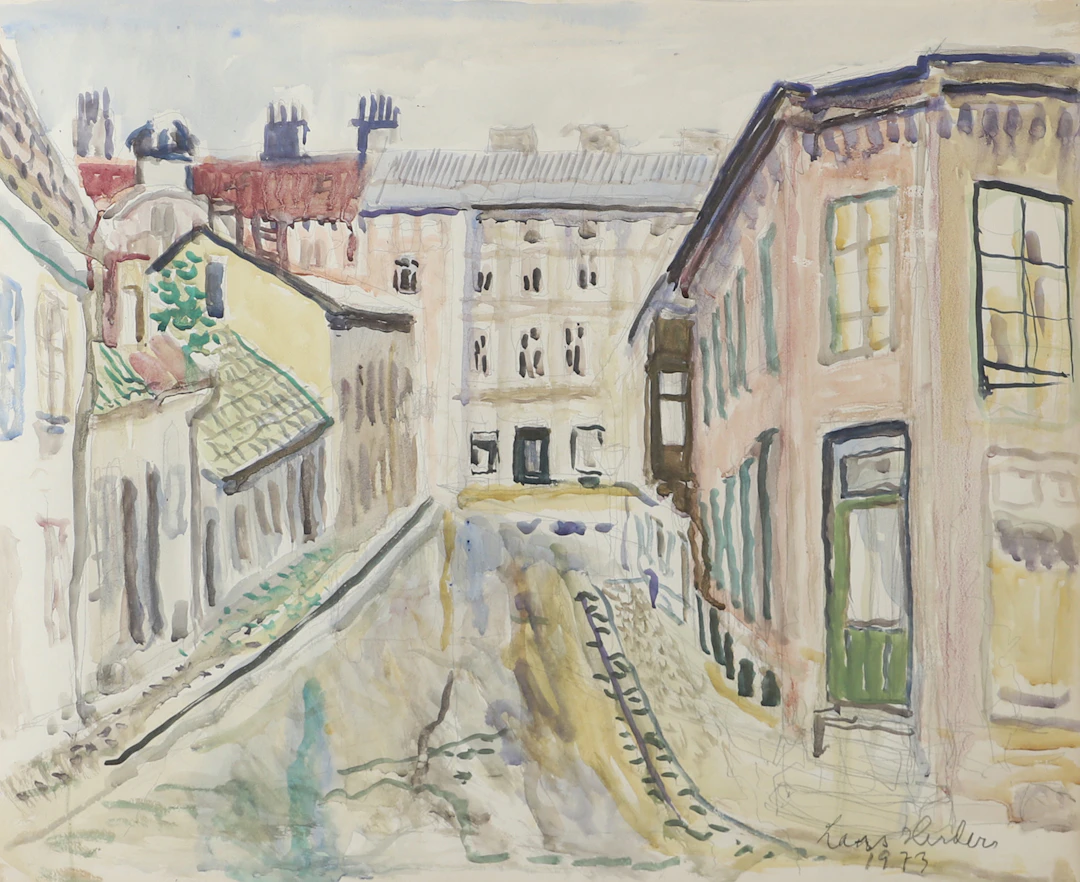 LARS HERDER. Gatubild Helsingborg, akvarell, signerad 1973.