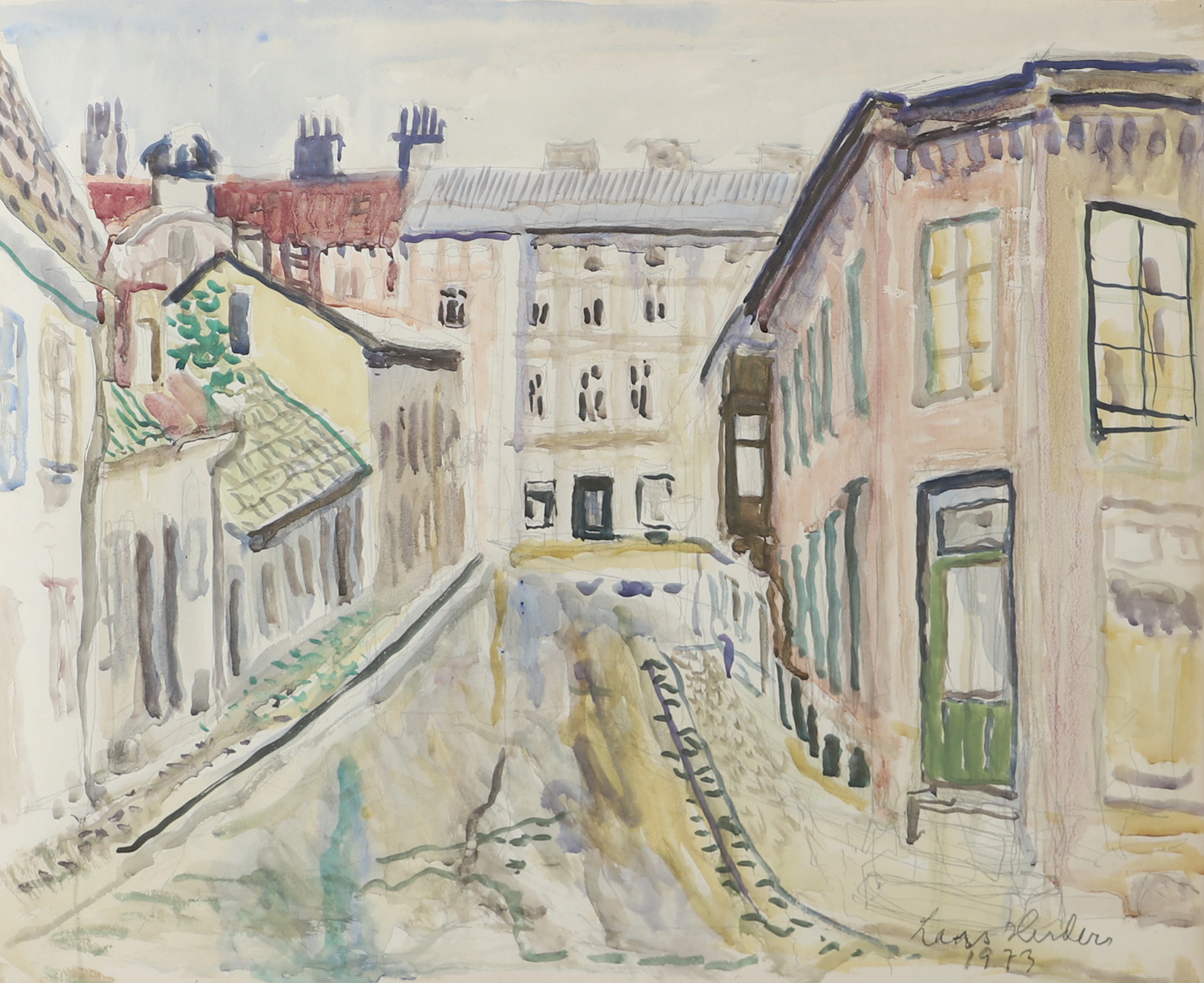 LARS HERDER. Gatubild Helsingborg, akvarell, signerad 1973.