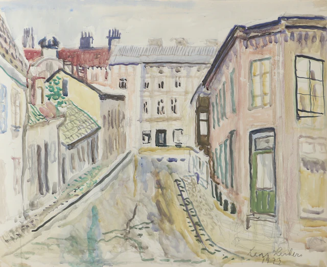 LARS HERDER. Gatubild Helsingborg, akvarell, signerad 1973.