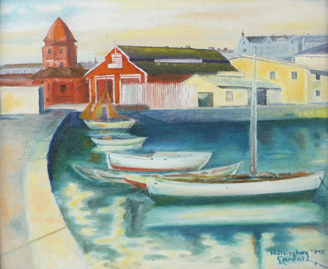 OIDENTIFIERAD KONSTNÄR. Helsingborg, olja på pannå, signerad Lorentz 1945.