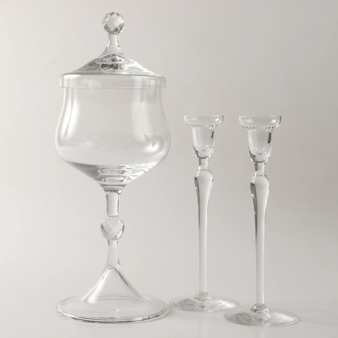 LOCKPOKAL OCH LJUSSTAKAR, 3 delar, glas, Orrefors.