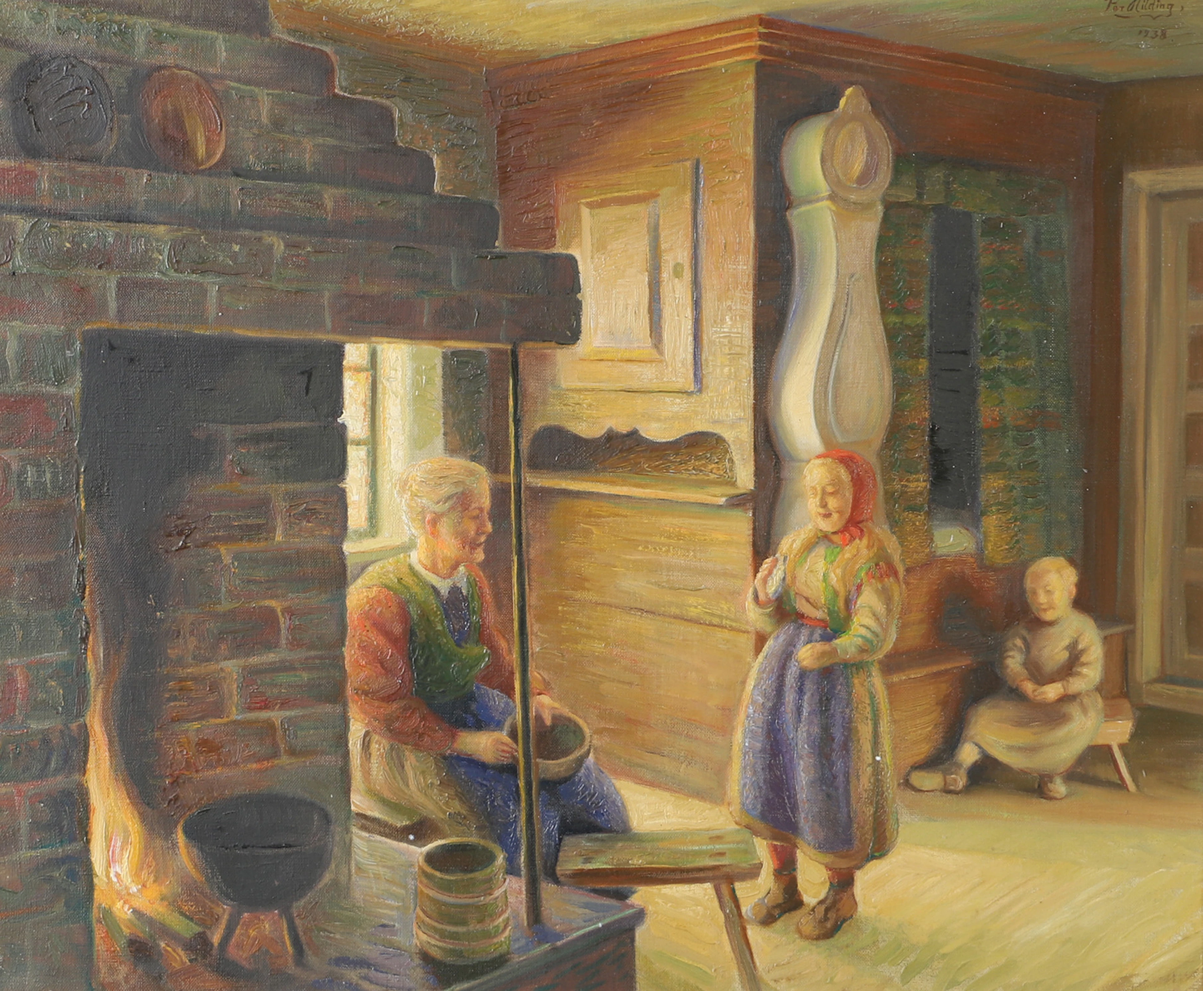 PER HILDING. Vid spisen, olja på duk, signerad 1938.
