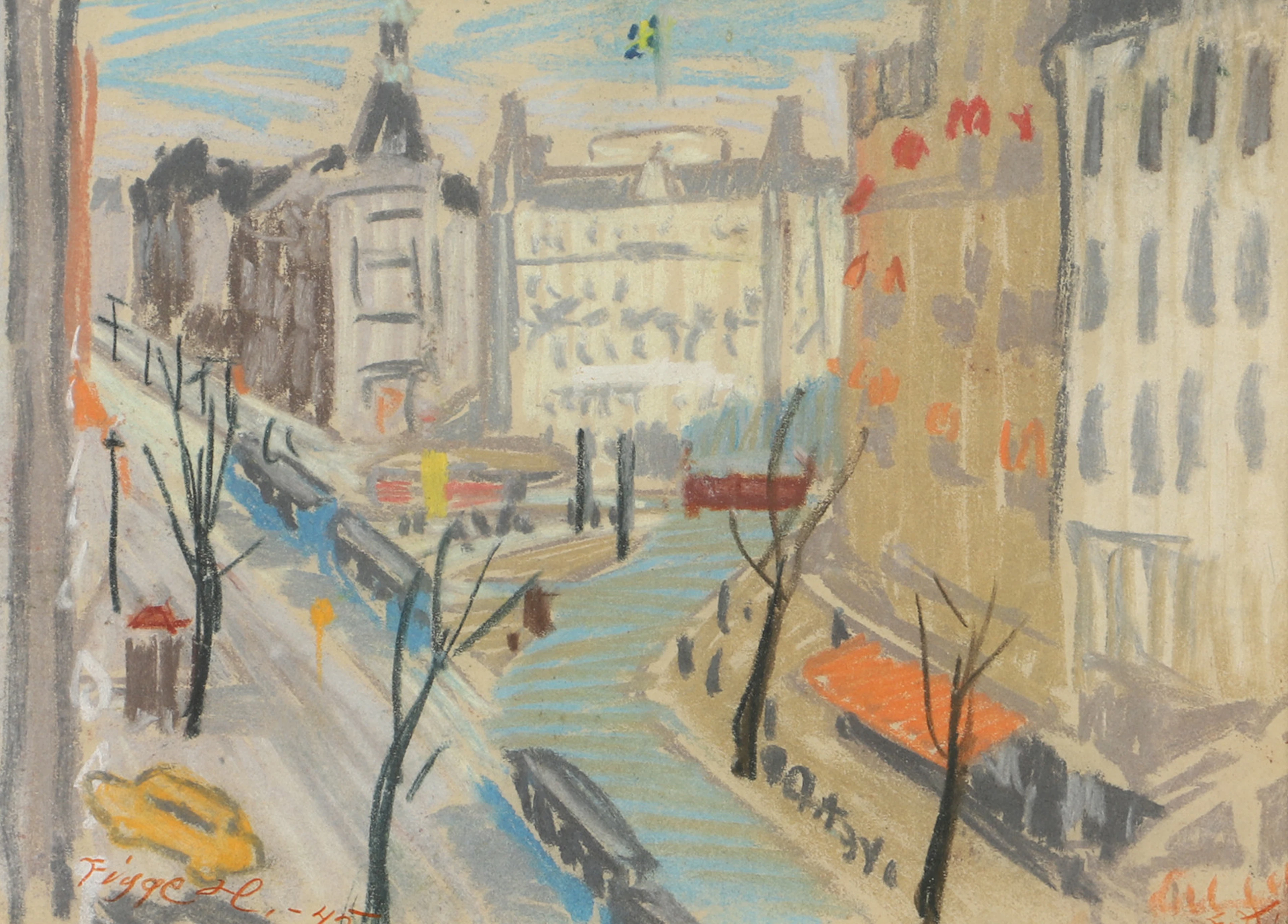 FIGGE HOLMGREN. Stadsbild, blandteknik, signerad Figge H. -45.