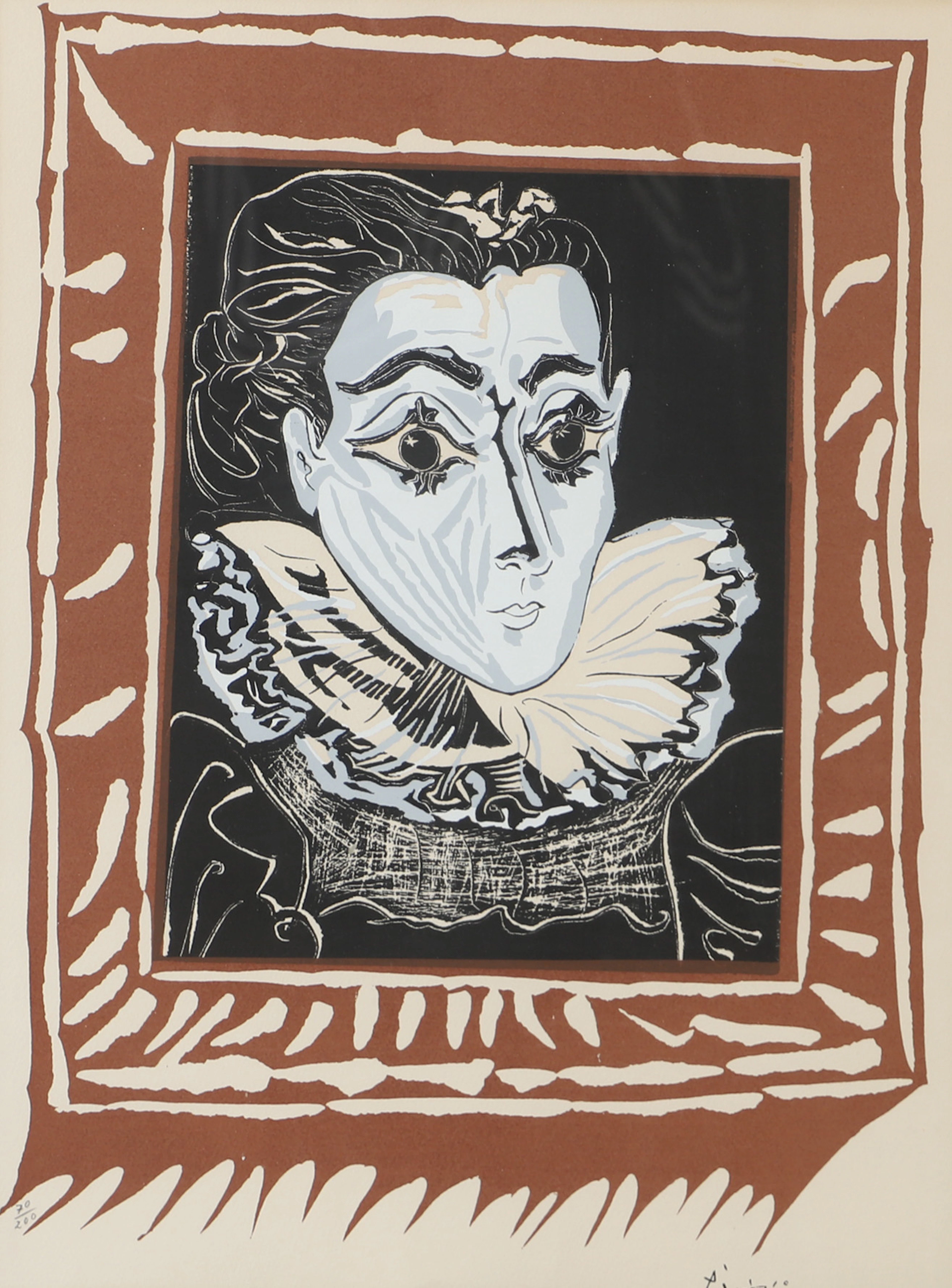 PABLO PICASSO. EFTER. Damen med krage, grafiskt blad, signerad i trycket.
