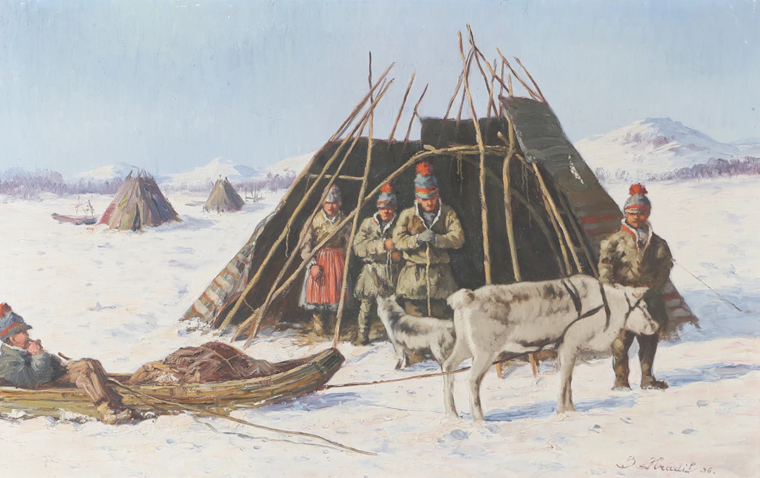 BELLA HRADIL. Vinterlandskap med samer, olja på duk, signerad B. Hradil -36.