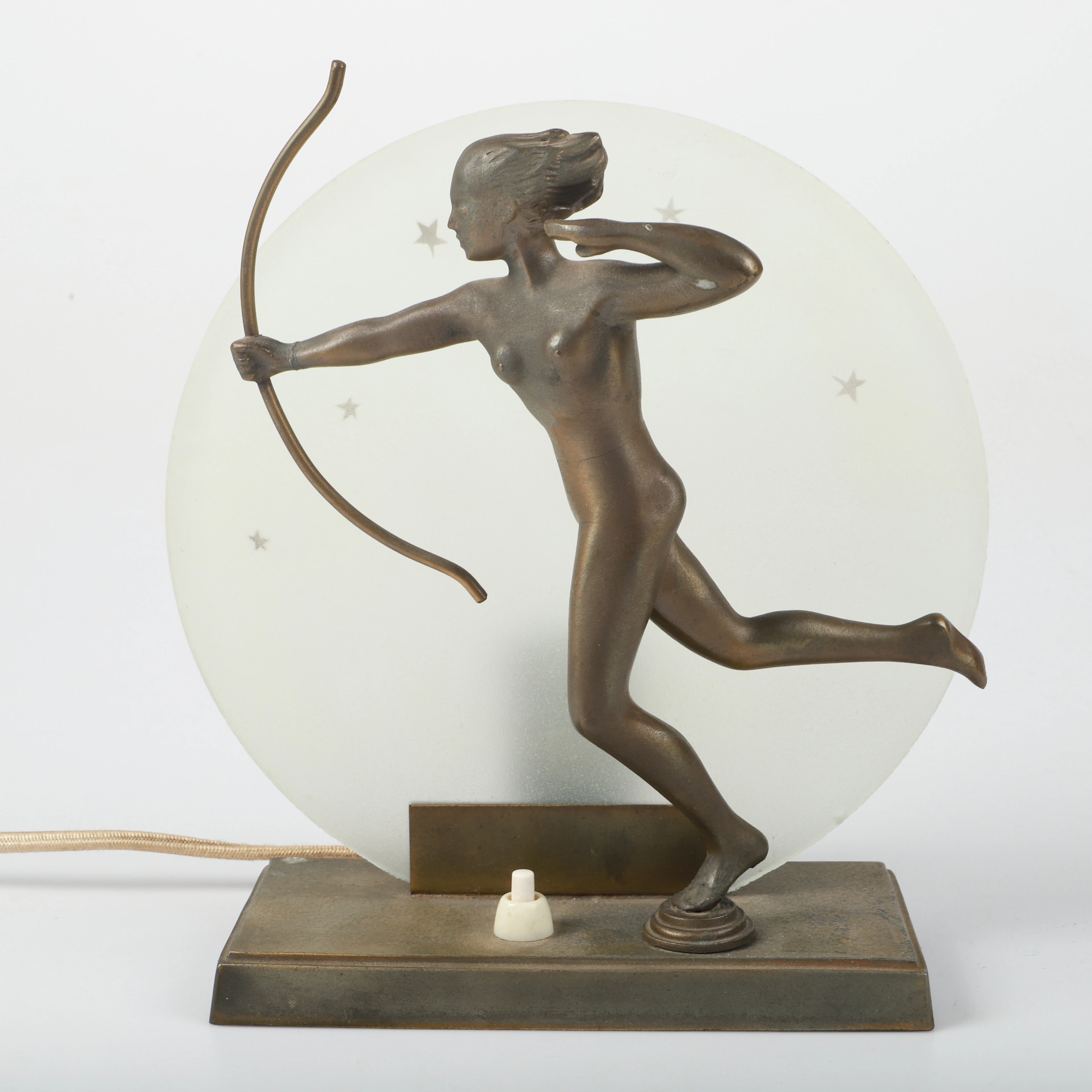 BORDSLAMPA, med jaktgudinnan Diana, metall/glas, Art deco, 1900-talets