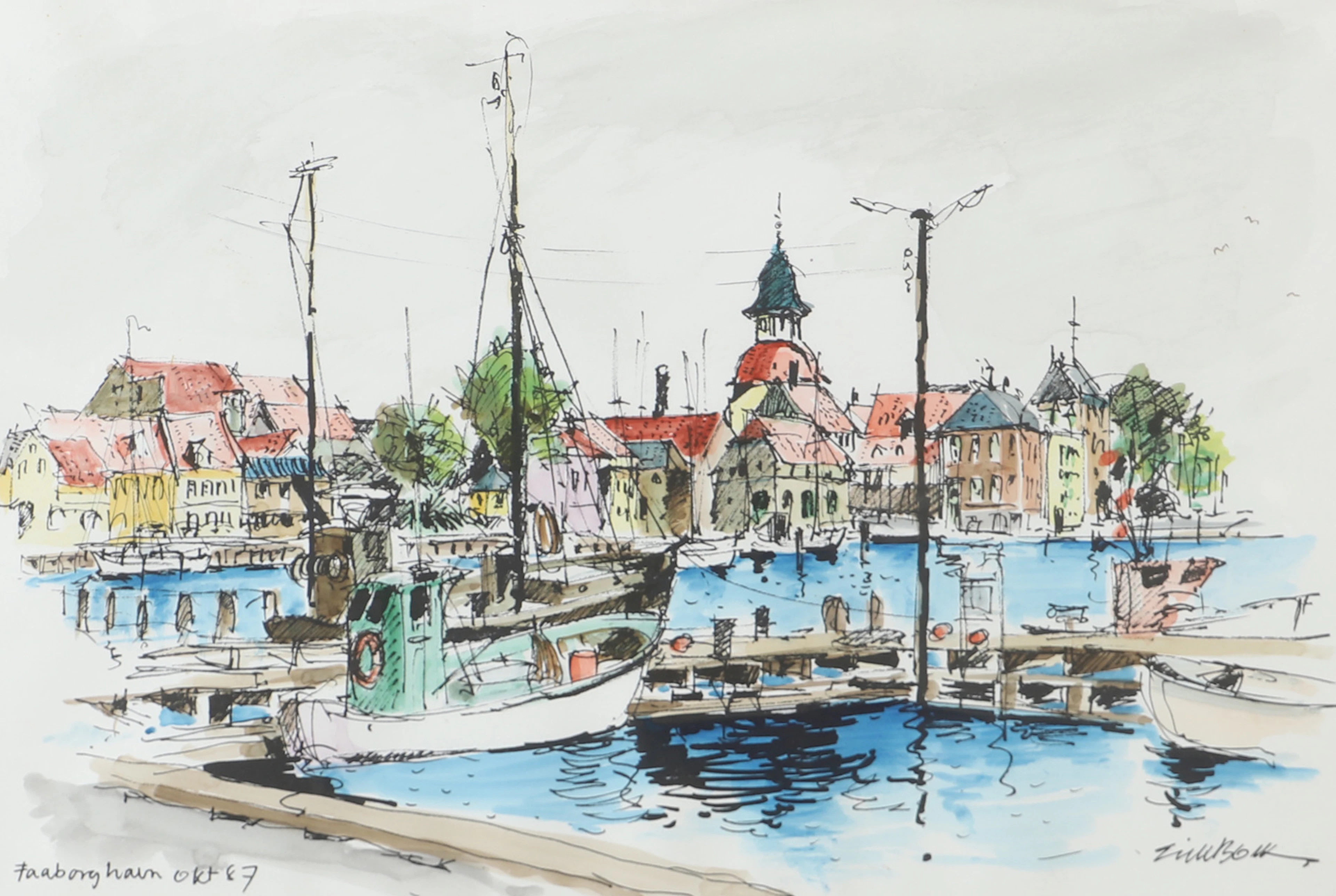 OIDENTIFIERAD KONSTNÄR. "Faaborgs hamn okt 87", färglitografi, otydligt