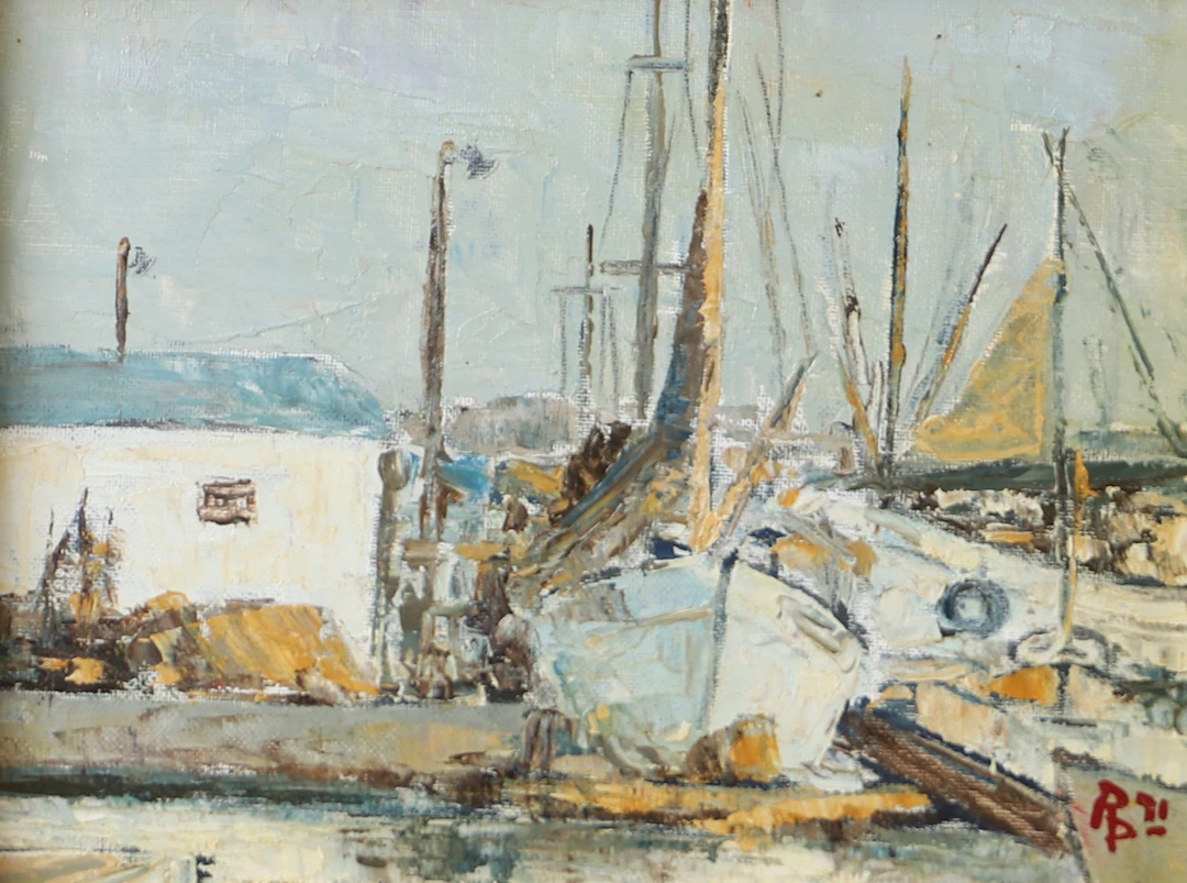 OIDENTIFIERAD KONSTNÄR. Hamn med båtar, olja på duk, signerad P.P. -91.