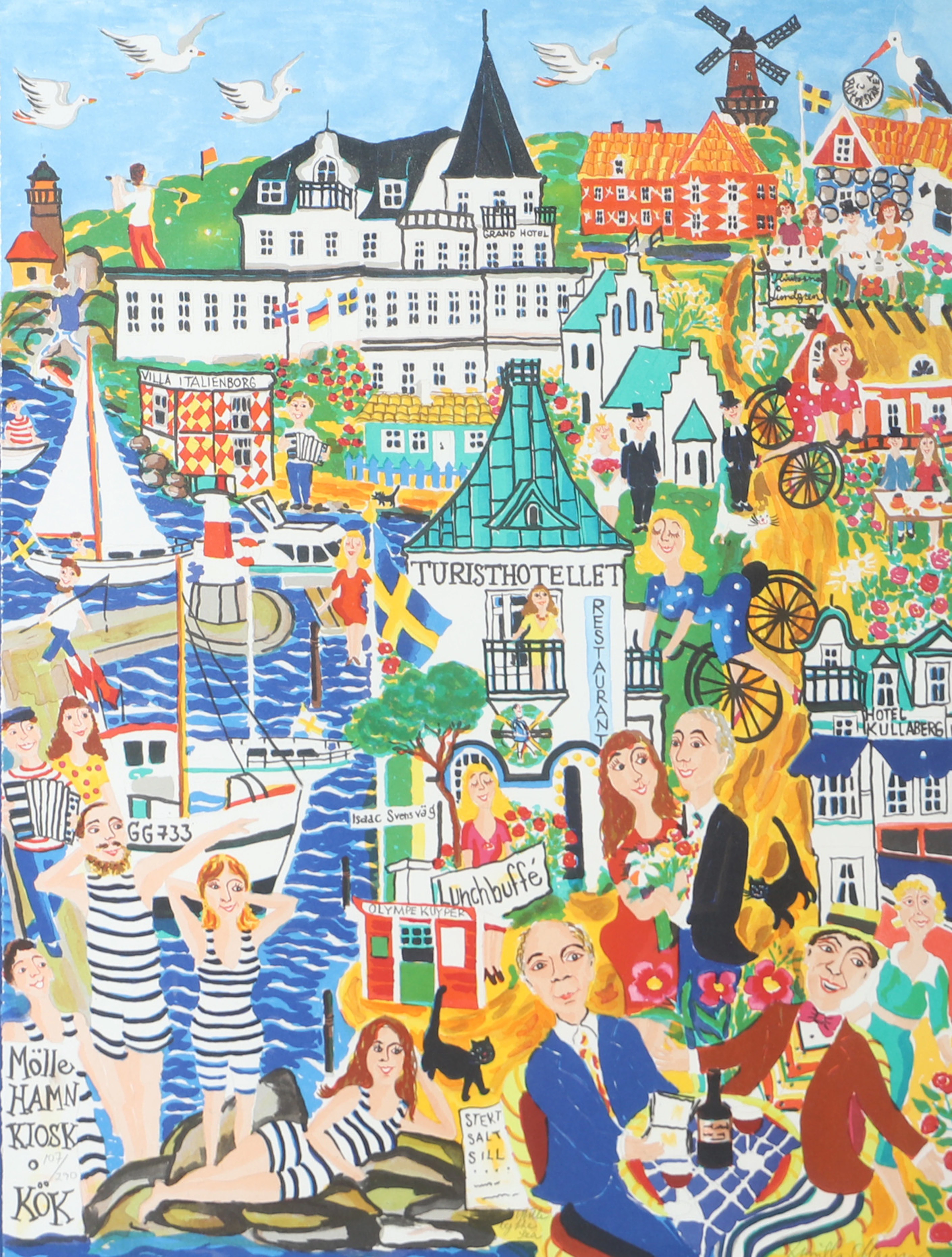 GUNILLA MANN. Collage från Mölle, färglitografi signerad.