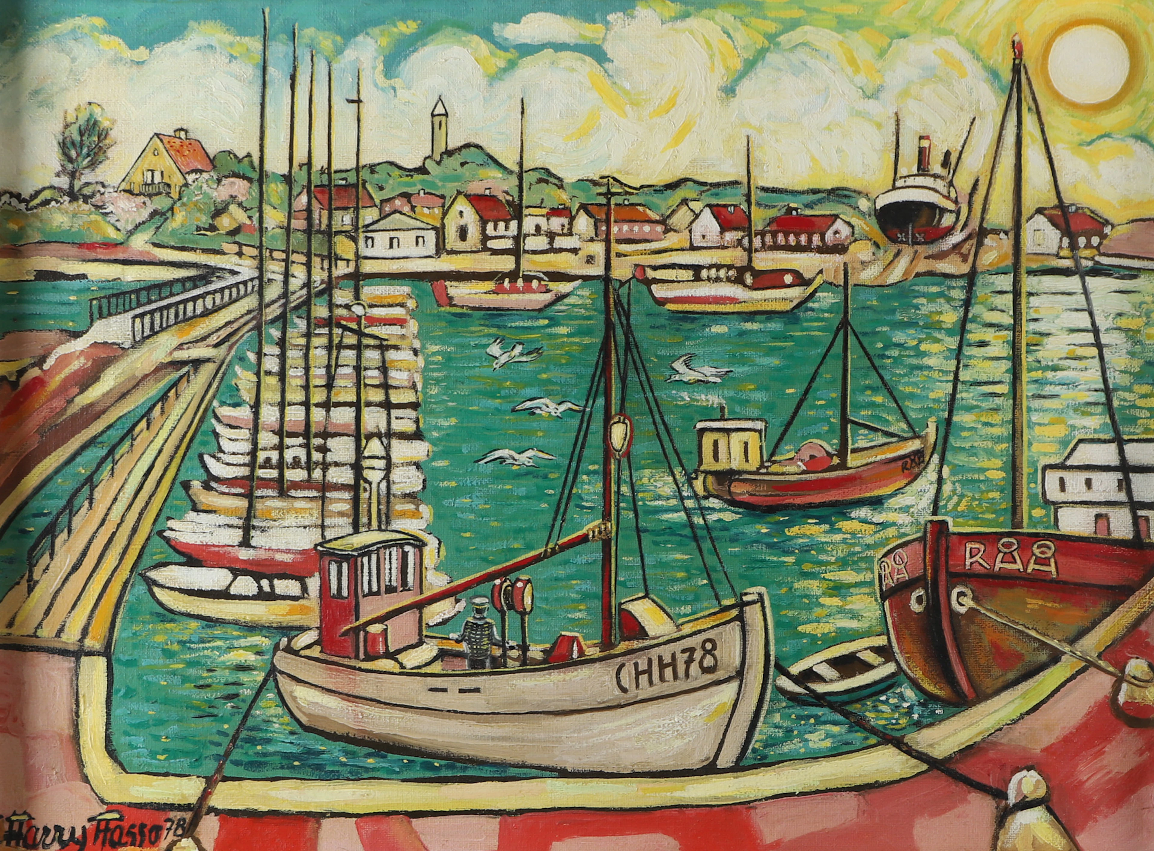 HARRY HASSO (1904-1984). Råå hamn, olja på duk, signerad, 1978.