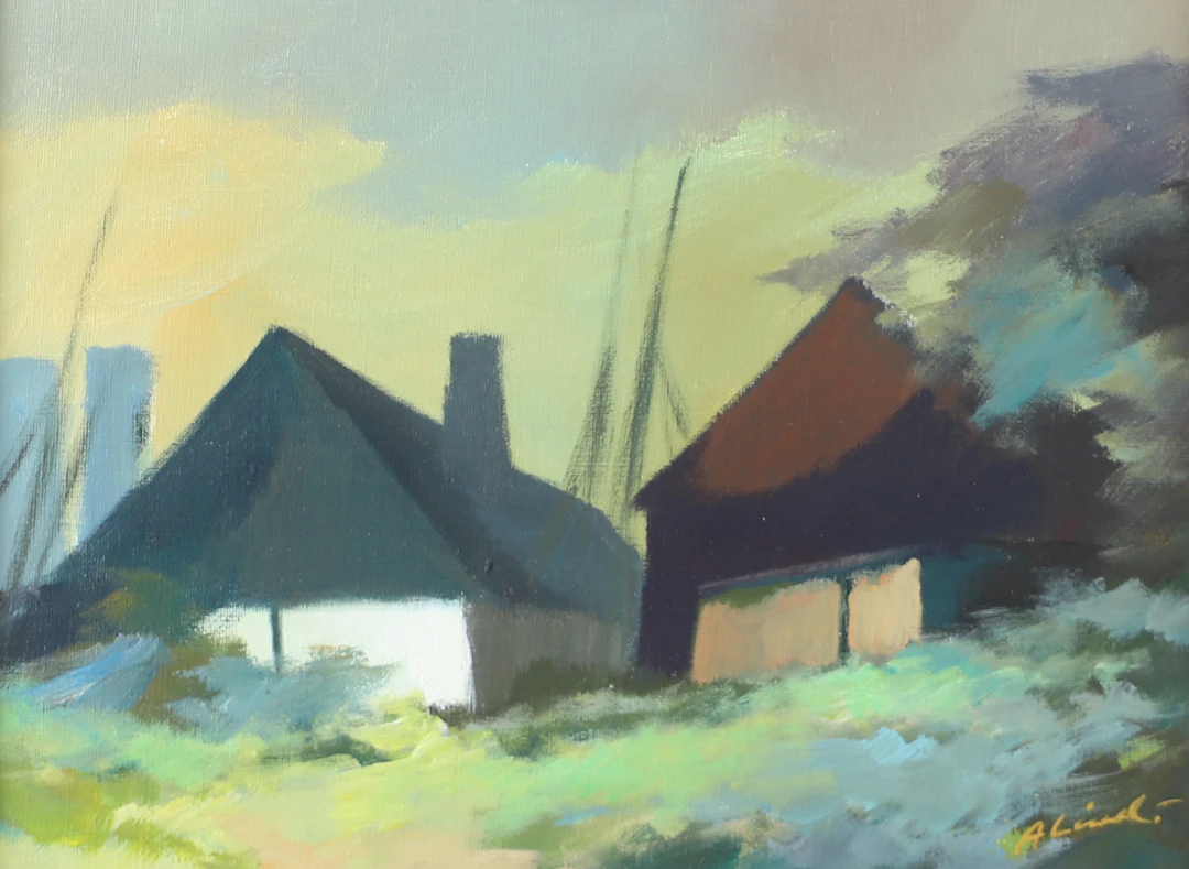 OIDENTIFIERAD KONSTNÄR. Landskap med hus, olja på duk, signerad A. Lind.