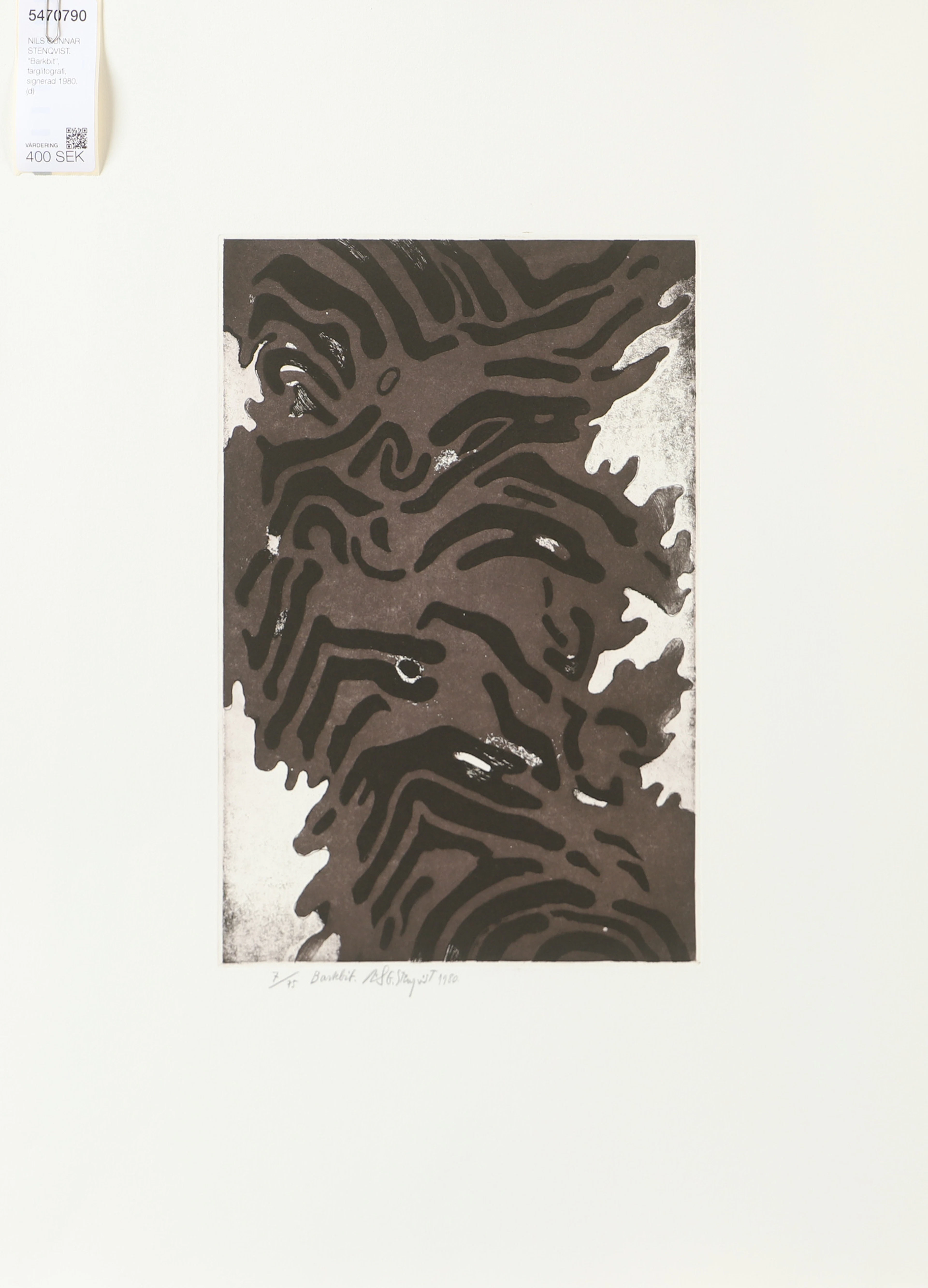 ILS GUNNAR STENQVIST. "Barkbit", färglitografi, signerad 1980.