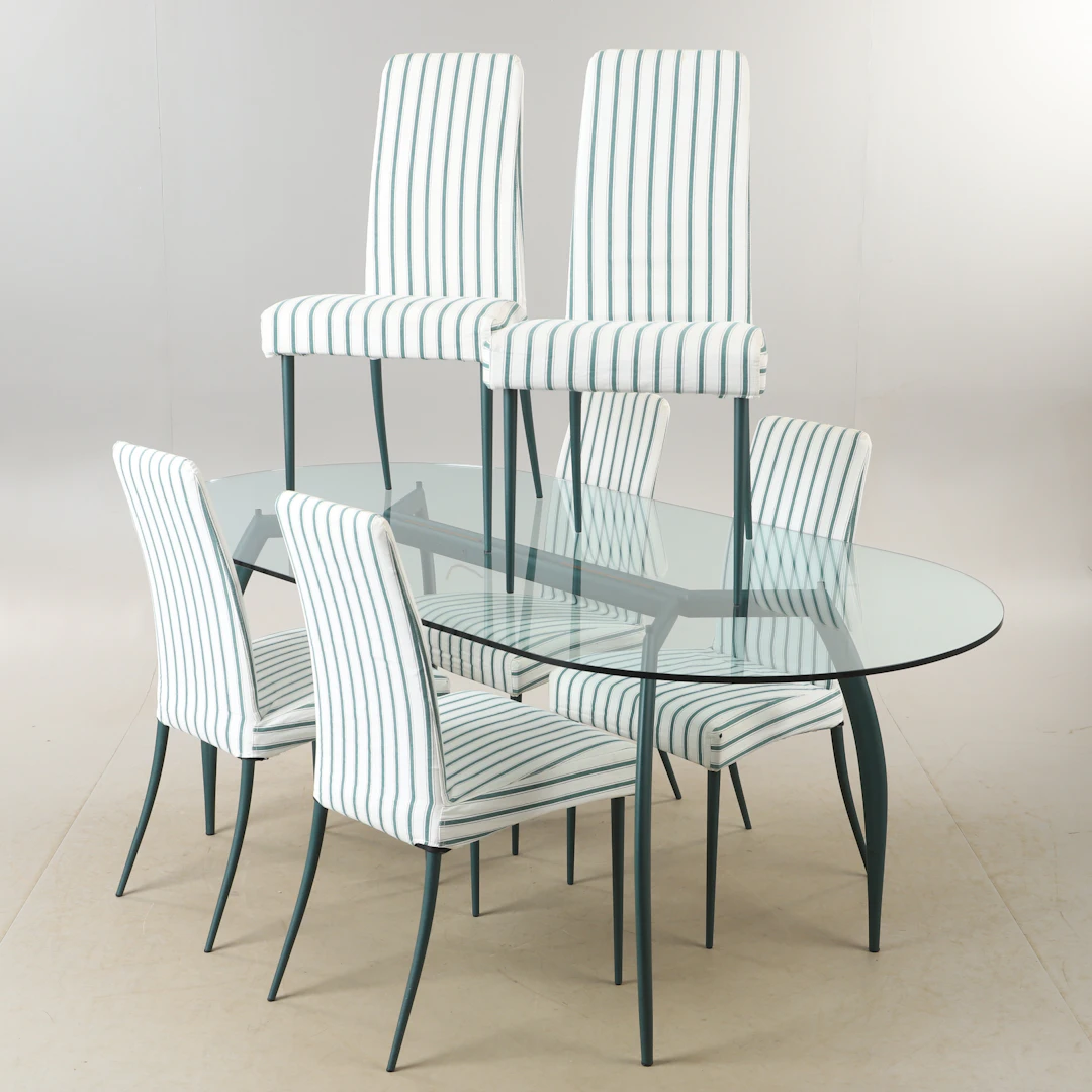 MATGRUPP, 7 delar, "fly line, carrè", glas, metall och textilklädsel