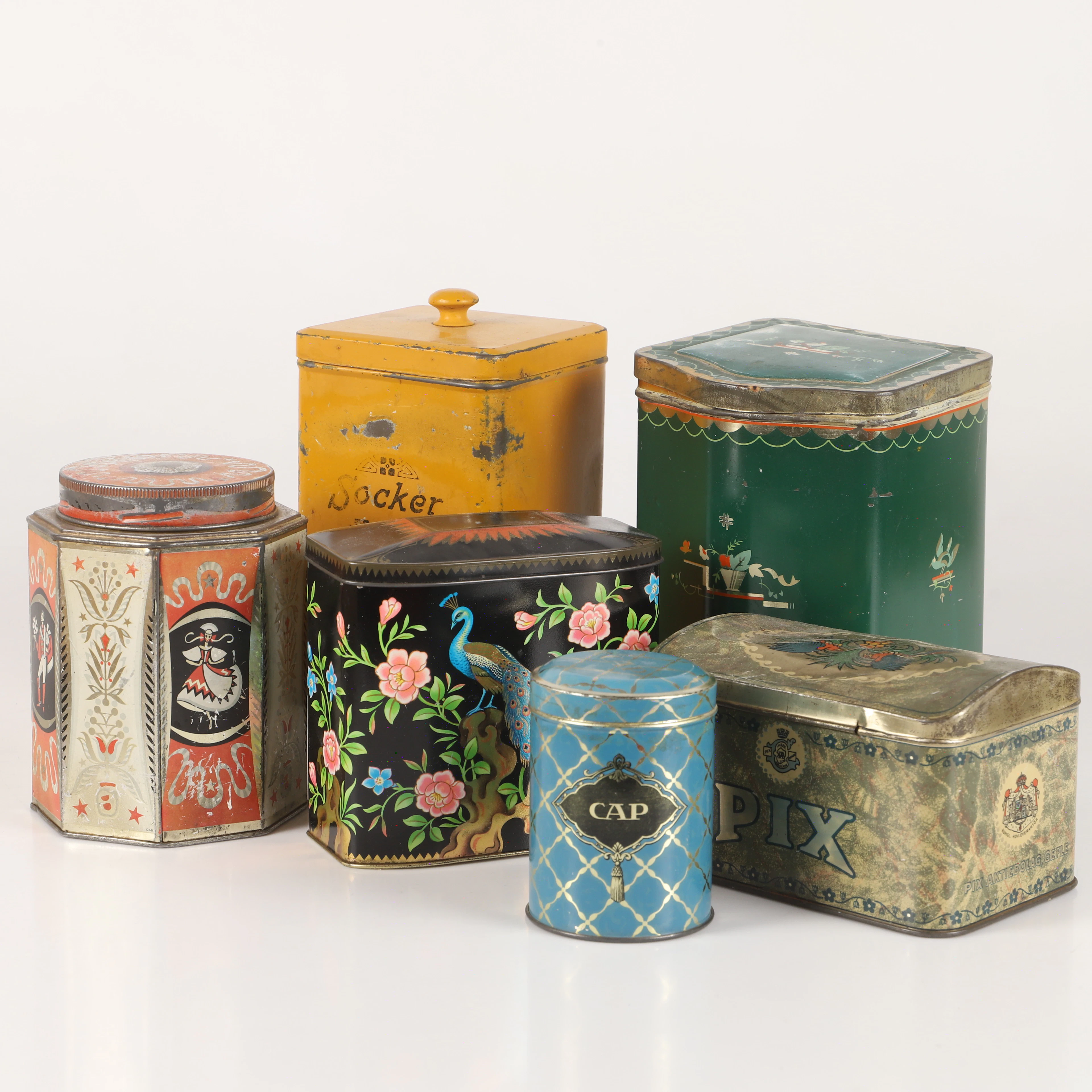 BURKAR, 6 stycken, målad plåt, 1900-tal.